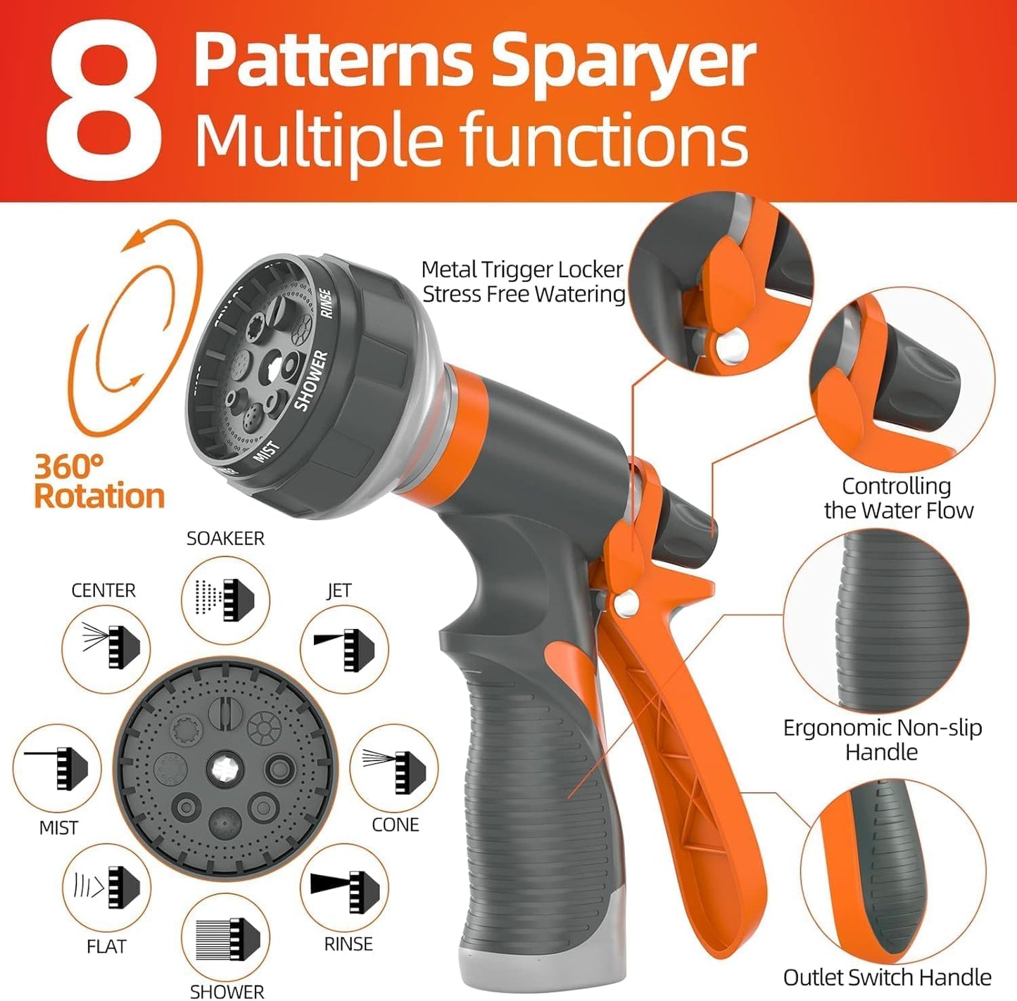 Garden Hose 50 ft x 5/8 in Heavy Duty, Flexible and Lightweight Water Hose, Burst 600 psi, Kink-less Hybrid Rubber Hose for Backyard, 3/4'' Brass Fittings