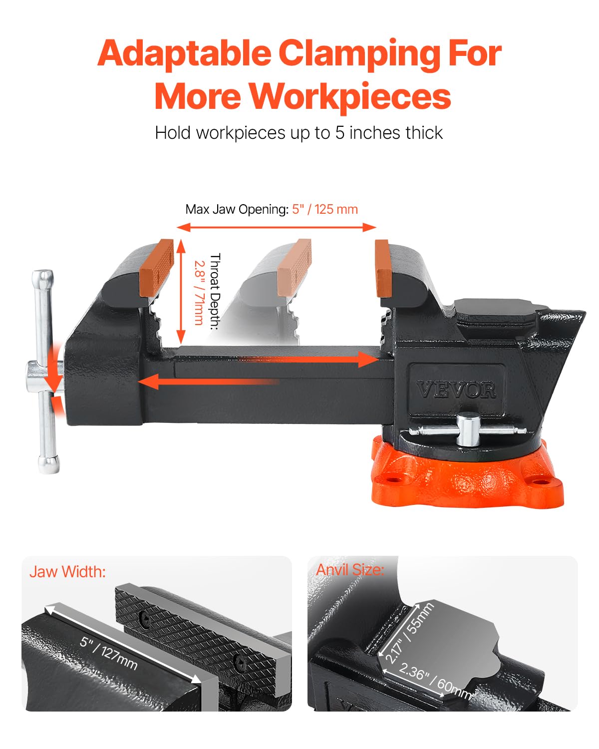 VEVOR Bench Vise, 6-inch Jaw Width 5.9-inch Jaw Opening, 360-Degree Swivel Locking Base Multipurpose Vise w/Anvil, Heavy Duty Ductile Iron Workbench Vise w/Bolts & Nuts, for Drilling, Pipe Cutting