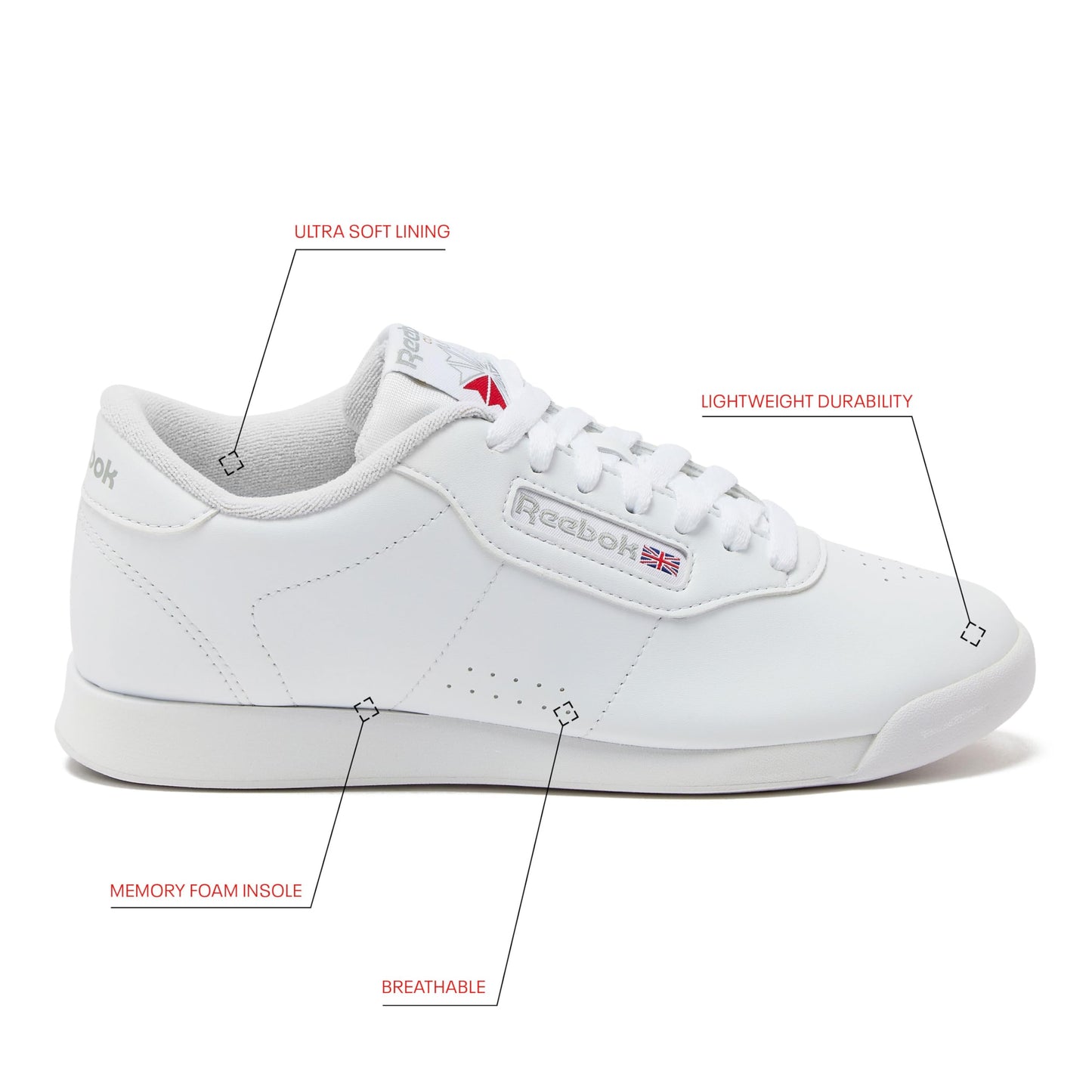 Reebok Princess Sneakers for Women, Comfortable Walking or Tennis Womens Shoes, Us-White, 8.5 Wide
