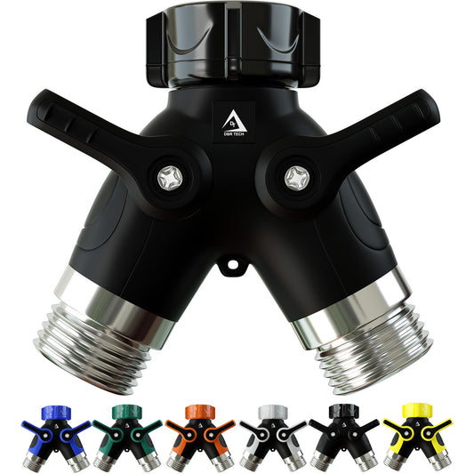 Hose Splitter 2 Way, Heavy Duty Metal Connector, Two Way Garden Hose Splitter, High Flow Spigot Faucet Bib Adapter, Solid Double Y Shut Off Valve for Outdoor Gardening Hoses, Orange