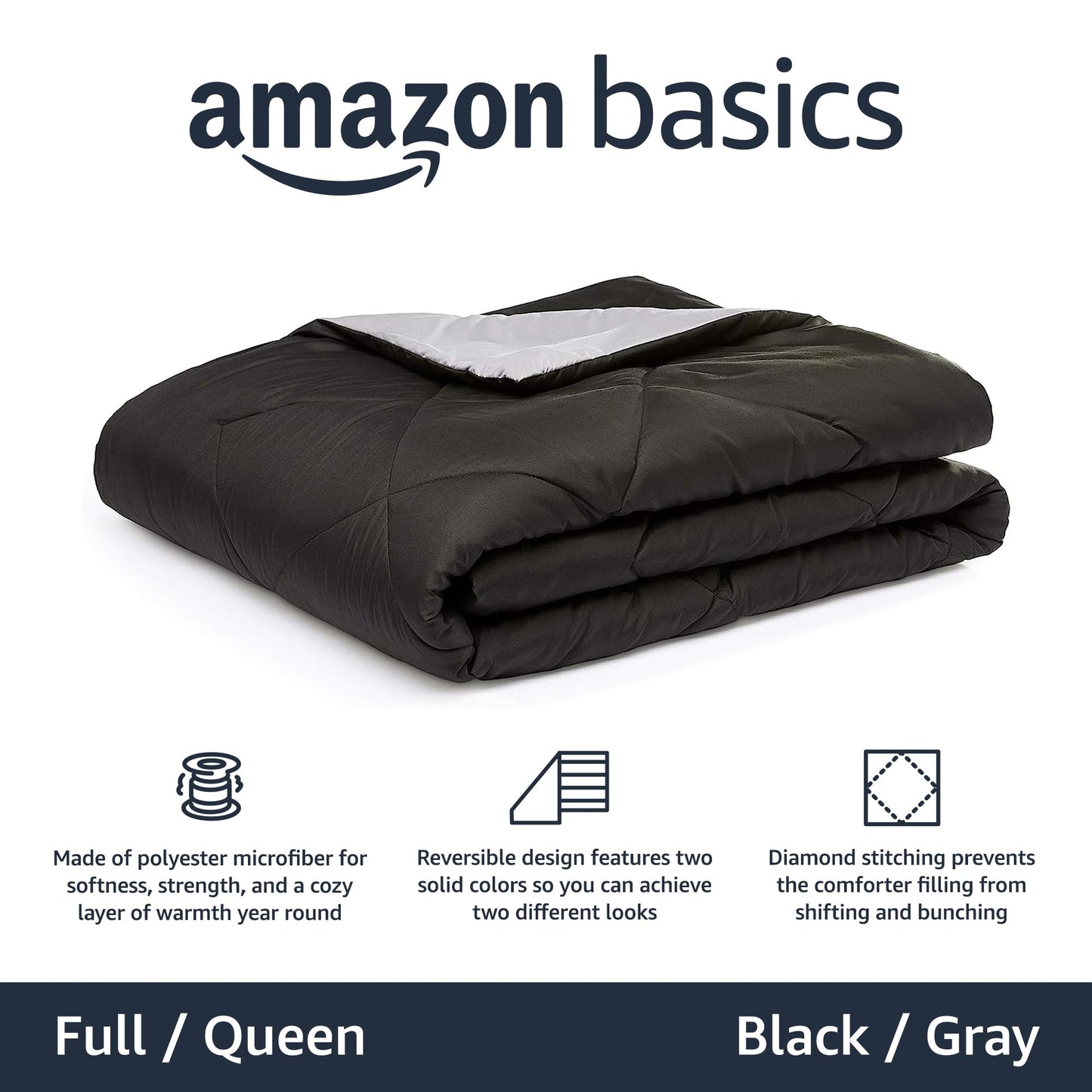 Amazon Basics Comforter Blanket, Reversible, Lightweight Microfiber, Machine Washable, All Season, Full/Queen, Black/Grey