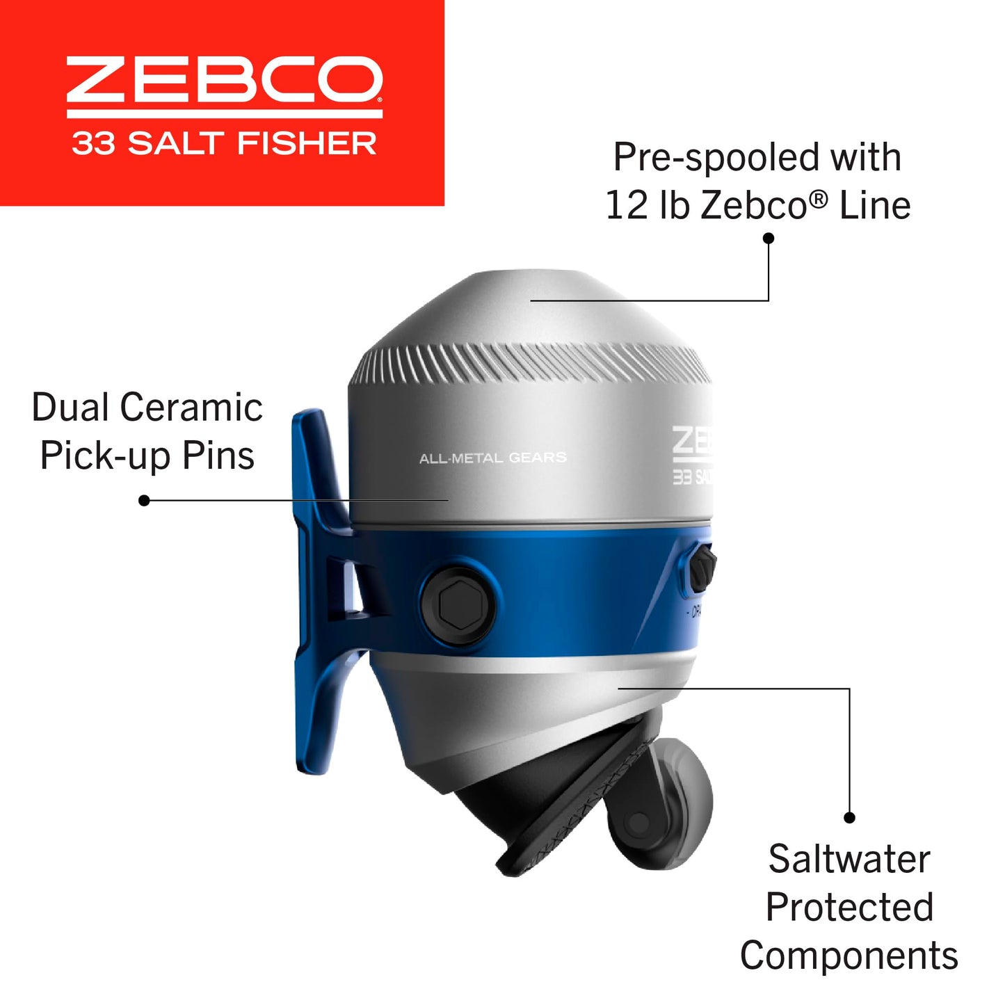 Zebco Salt Fisher 33 Spincast Reel and Fishing Rod Combo, 6-Foot 6-Inch 2-Piece Medium-Heavy Power, Moderate-Fast Action Fiberglass Rod, Interchangeable Retrieve, 12-Pound Line, Blue/Silver