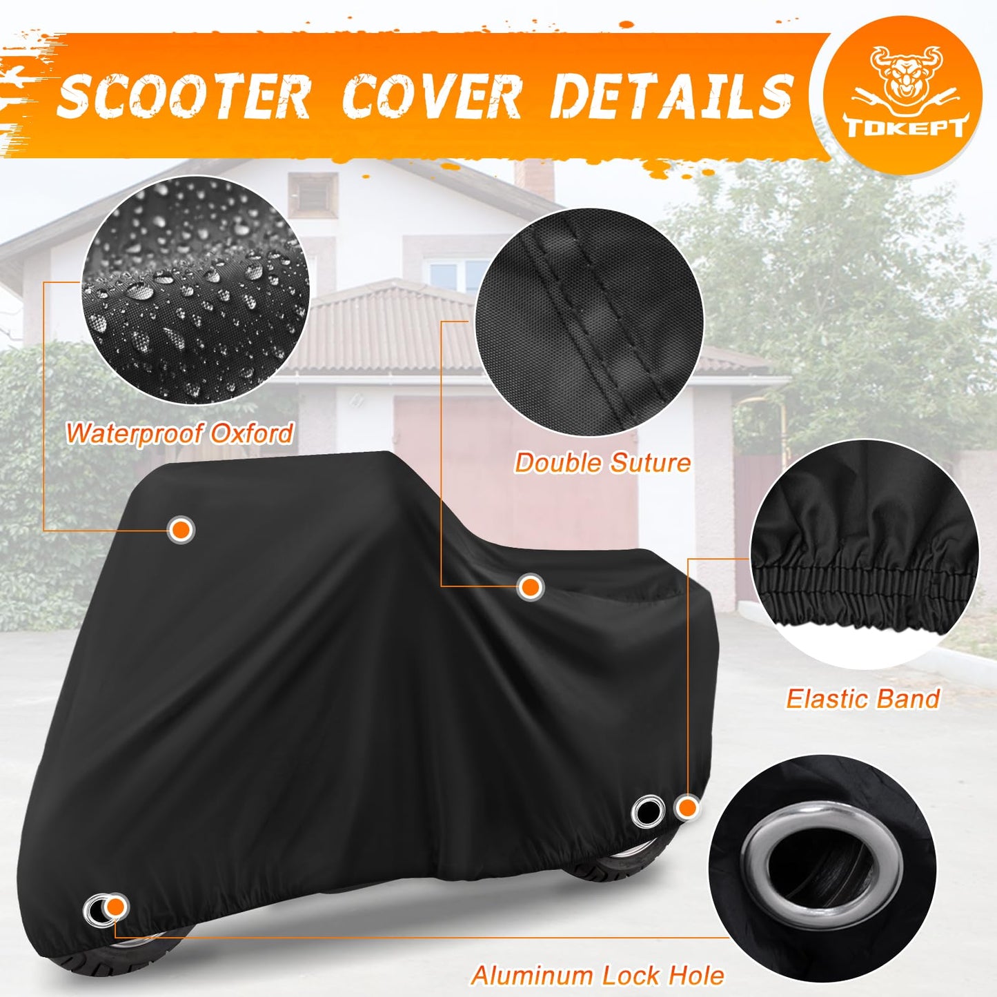 Scooter Cover, Waterproof Moped Cover, Vespa Cover, Outdoor Windproof and UV, for 72" Long Yamaha Honda Ruckus Motorbike Cover (Black)