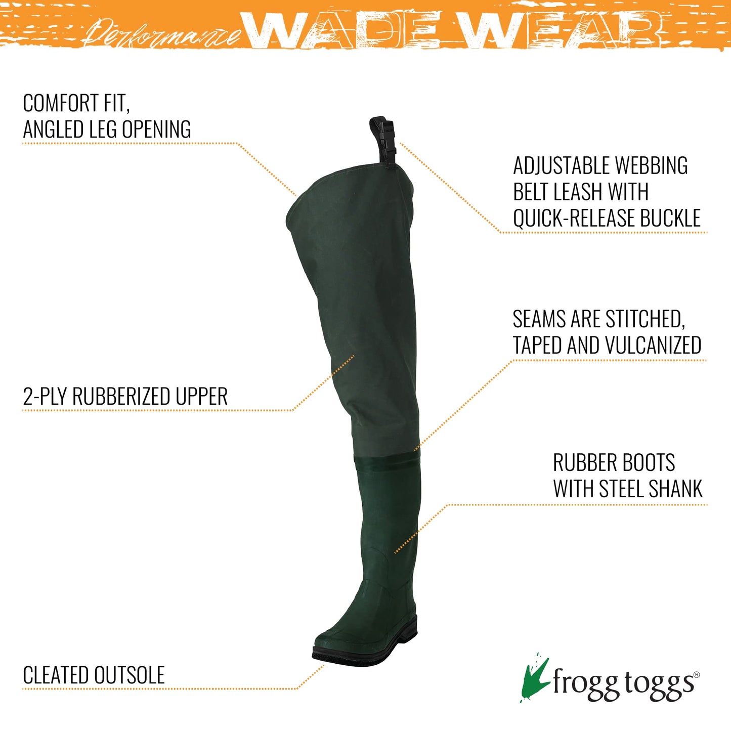 FROGG TOGGS Cascades 2-ply Poly/Rubber Waterproof Fishing Bootfoot Hip Wader for Fishing, Cleated or Felt, Cleated, 10