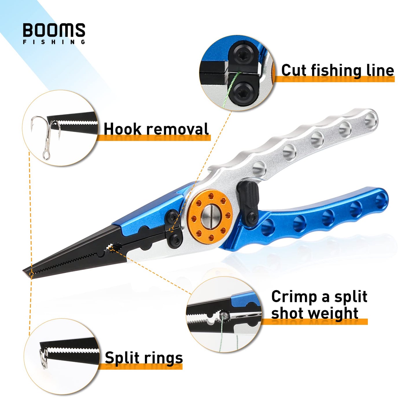 Booms Fishing X1 Aluminum Fishing Pliers Saltwater, Surf Fishing Tackle Kit, Fishing Multitool Hook Remover Braided Fishing Line Cutting and Split Ring with Coiled Lanyard and Sheath