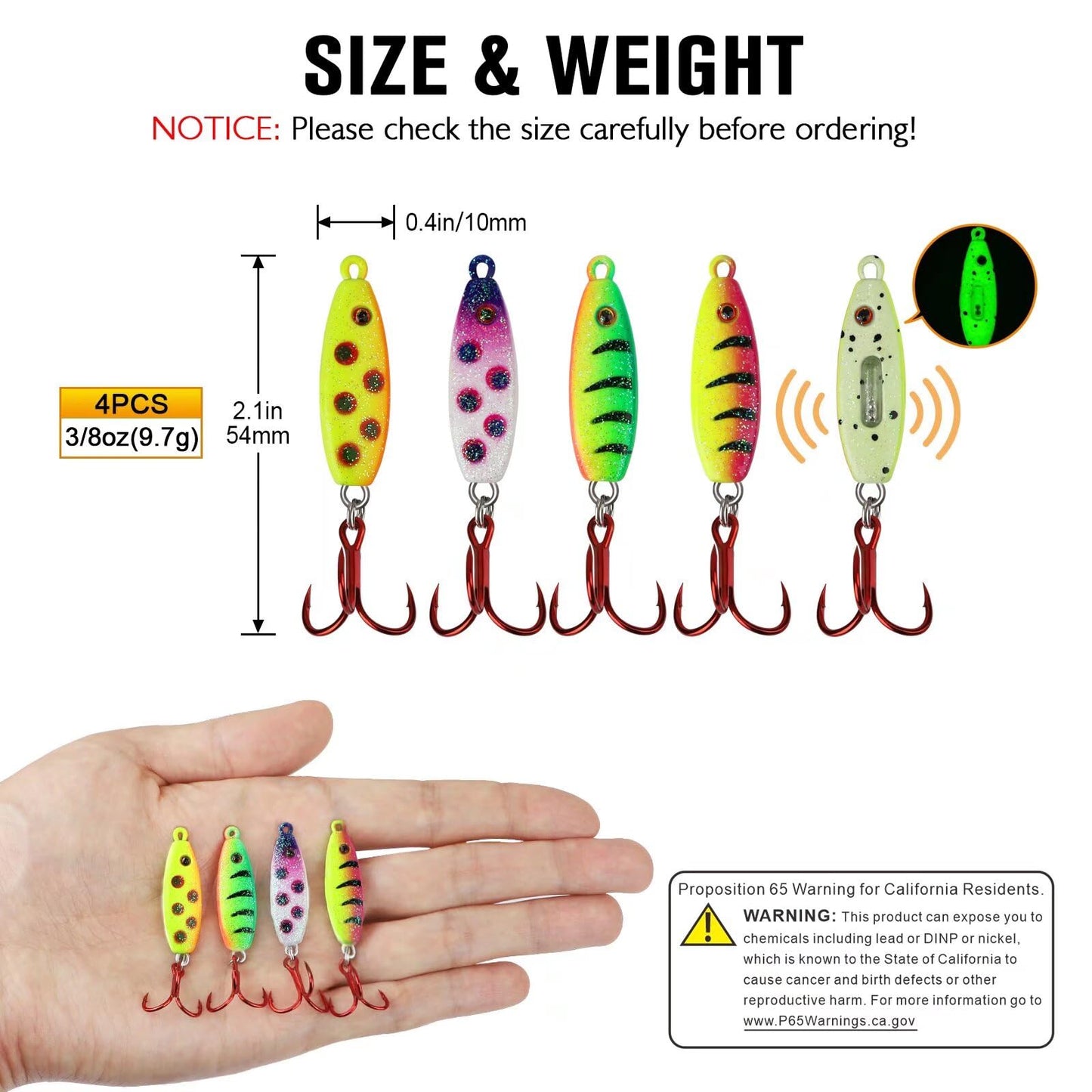Dovesun Ice Fishing Jigs Ice Fishing Lures Kit Rattling Glow Ice Fishing Spoons for Bass Crappie Panfish Mens Fishing Gifts 15PCS/4PCS/3PCS