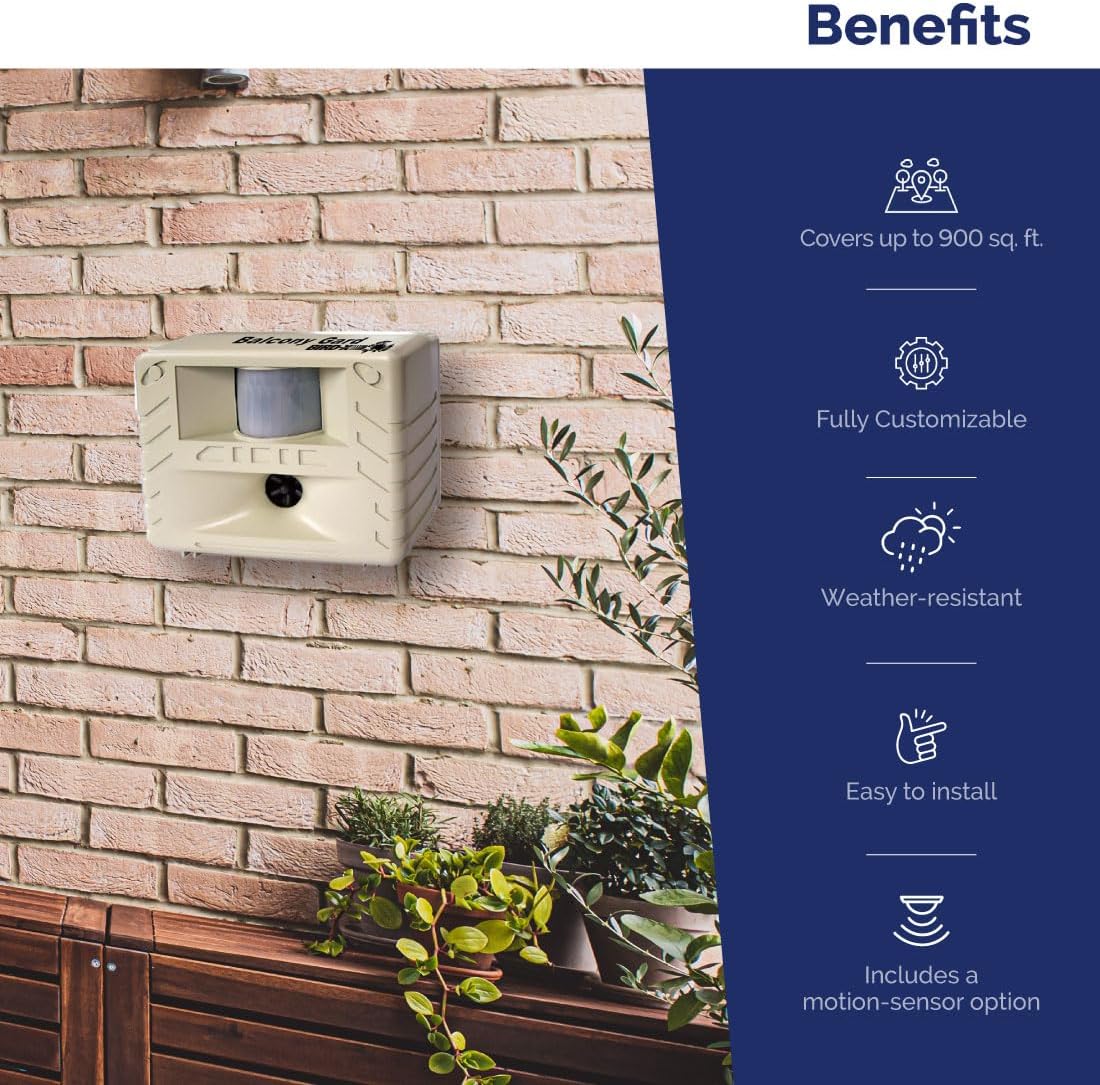 Bird-X Balcony Gard, Ultrasonic Bird Preventer, Outdoor Bird Decoy with Motion-Sensor, Easy to Install, Covers up to 900 sq. ft., 15 to 25 kHz Frequency, 6.75" x 5.5" x 3.5"