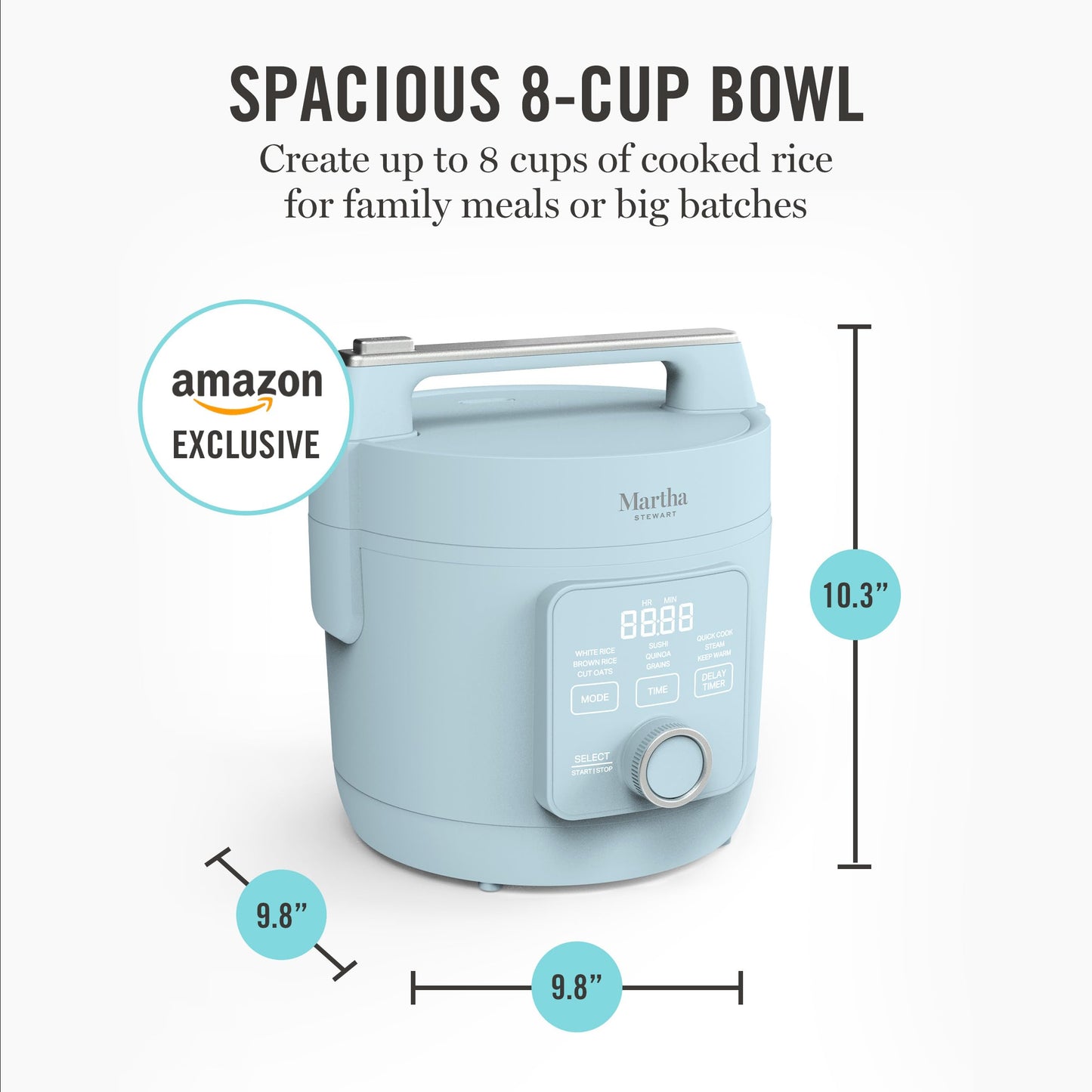 Martha Stewart Rice Cooker, 4 Cup (Uncooked) / 8 Cup (Cooked), Ceramic Non-Stick Removable Pot, Keep Warm, Measure Markings, Steam Basket, Brown & Sushi Rice, Quick Cook, Quinoa, Grains, Oats, Caviar Gray