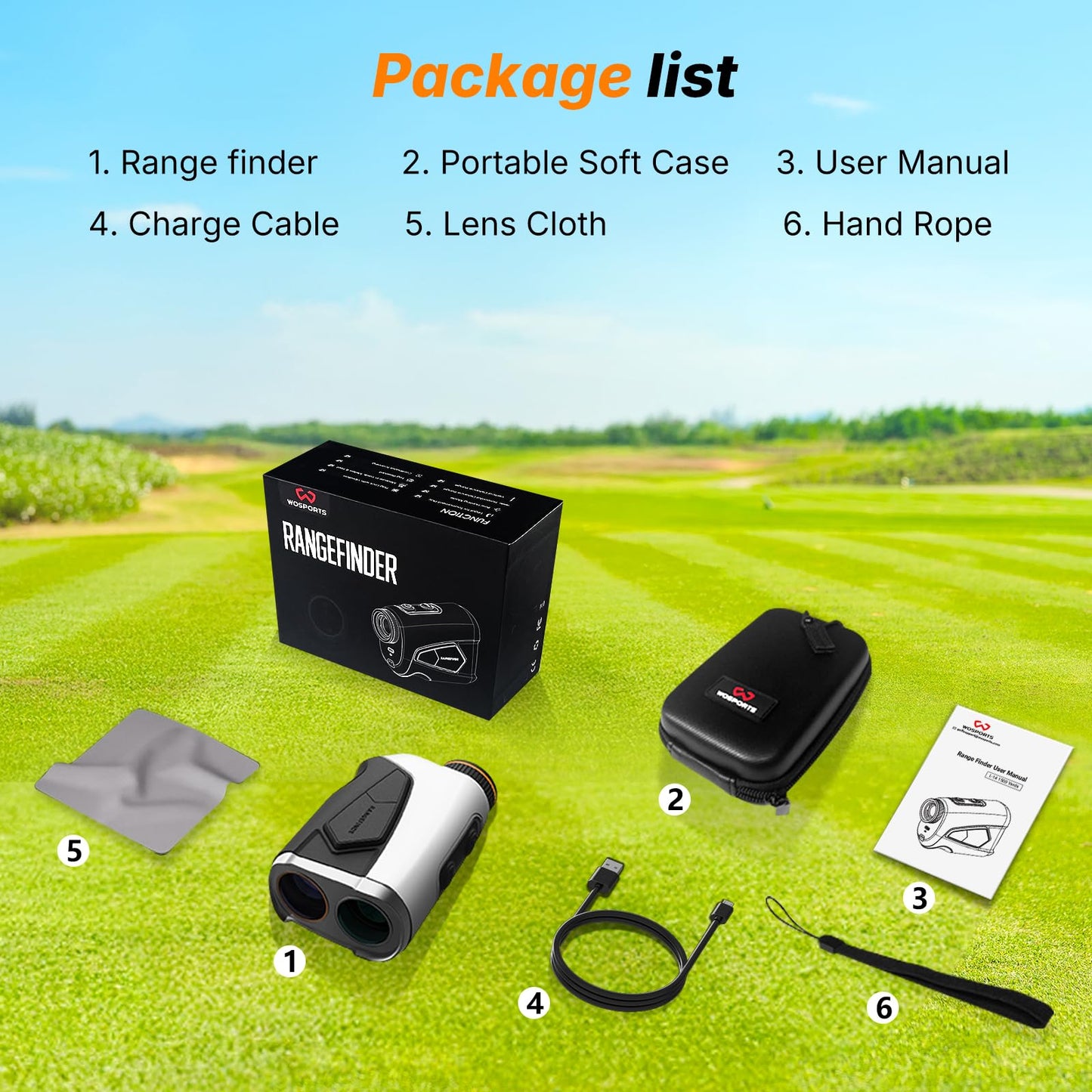 WOSPORTS Golf Rangefinder 1500-Yard with Slope,Golf Accessories Range Finder 7X Magnification,Pin Lock Vibration Range Finder(Feet/Meters/Yards),Rechargeable