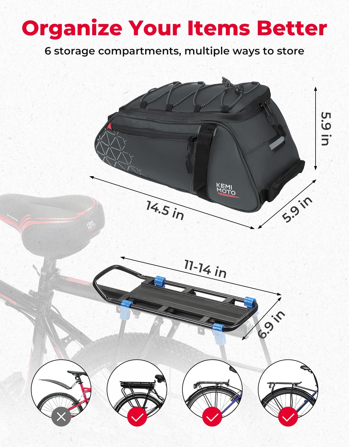 KEMIMOTO Rear Bike Rack Bag - 8L PVC Water Resistant Ebike Bags for Bicycle Rear Rack, Bicycle Trunk Pannier for Commuter Travel Shopping and Cycling (Black)
