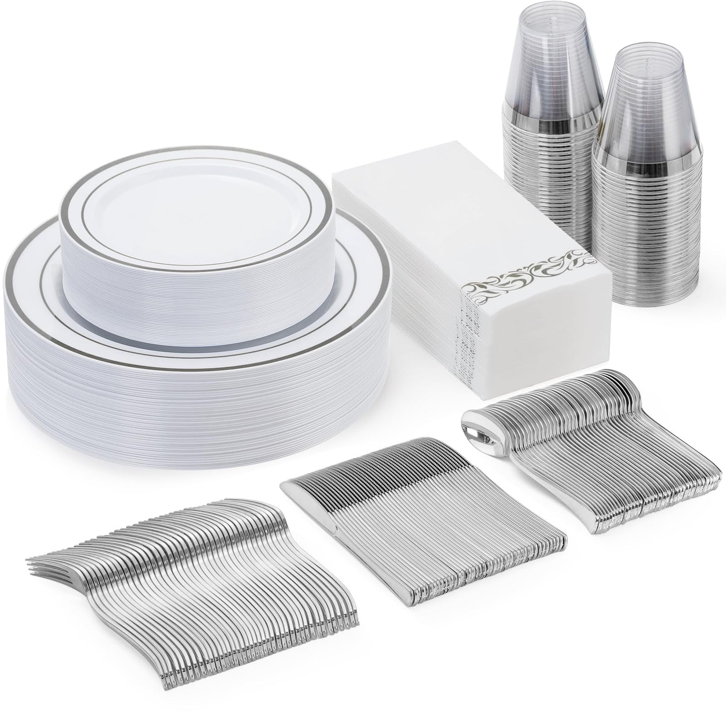Goodluck 700 Piece Silver Dinnerware Set for 100 Guests, Disposable Plastic Plates for Party, Include: 100 Dinner Plates, 100 Dessert Plates, 100 Paper Napkins, 100 Cups, 100 Silverware set