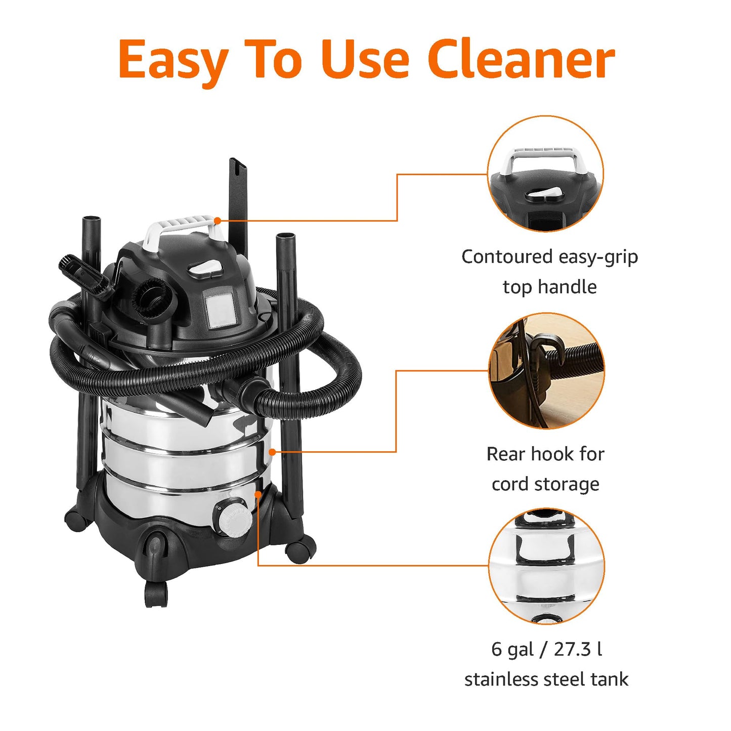 Amazon Basics Wet Dry Shop Vacuum Cleaner, 4 Gallon, 3 HP Stainless Steel, Grey/Black