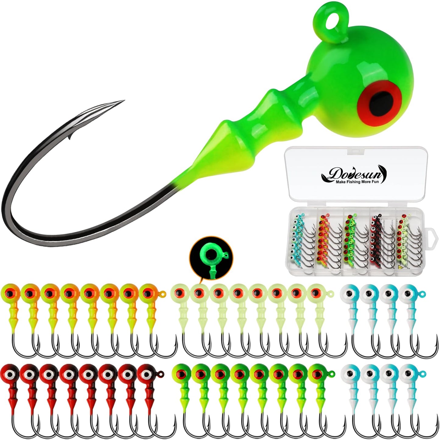 Dovesun Jig Heads for Fishing, Painted Jigheads with 3D Eye Ball Glowing Walleye | Bass | Crappie jigs 1/2oz 3/8oz 1/4oz 1/5oz 1/8oz 1/10oz 1/16oz 1/32oz Fishing Jig Hooks Assortment 15-40pcs