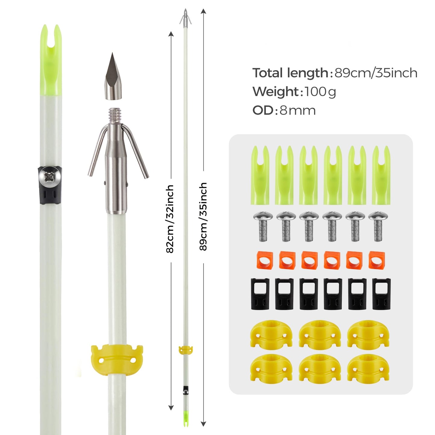 6 Pack 32 inch Bowfishing Arrows with Broadheads and Safty Slides Bow Fishing Arrow Luminous for Compound Bow Recurve Bow Fishing Hunting