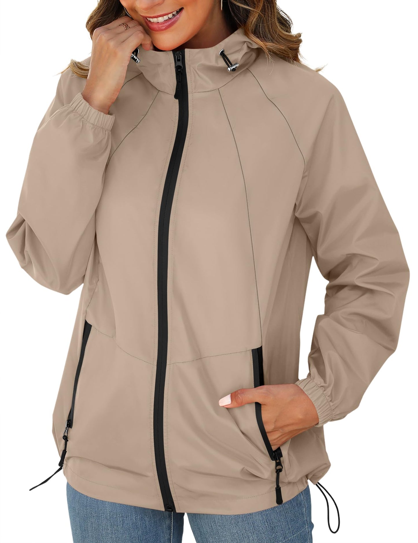 Avoogue Rain Jacket for Women Packable Waterproof Lightweight Rain Coats for Women Outdoor Raincoat with Pockets Apricot 3XL