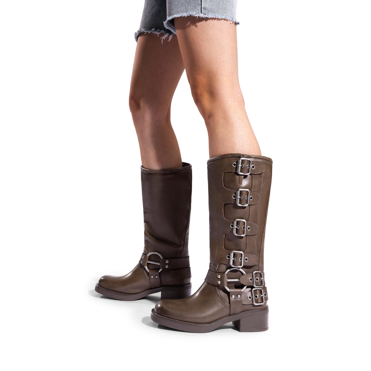 DREAM PAIRS Women's Knee High Riding Boots Slip On Motorcycle Boots Square Toe Chunky Heel Fashion Buckles Biker Boots