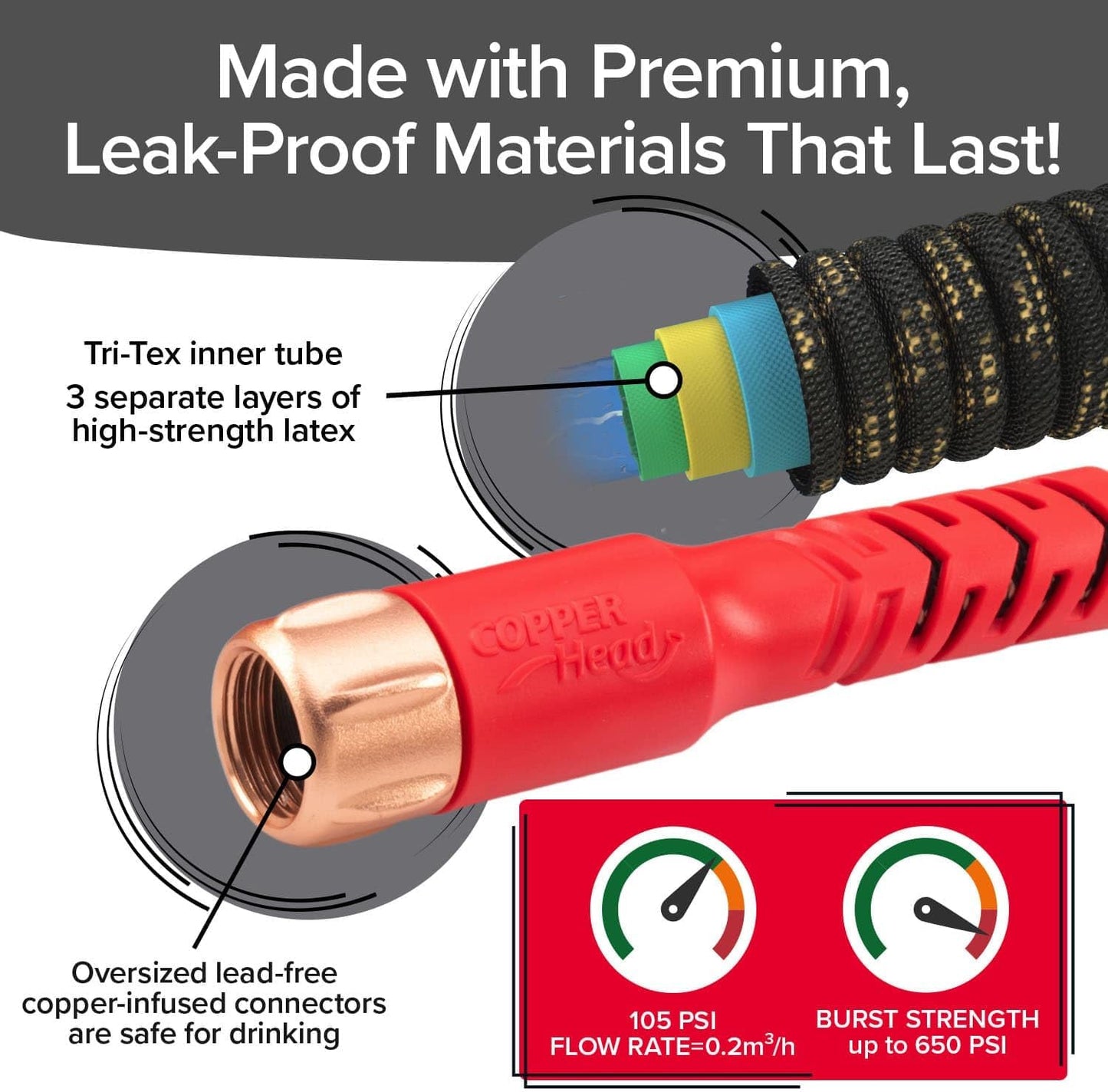 Pocket Hose Copper Head w/New Pocket Pivot Expandable Garden Hose 50 FT, AS-SEEN-ON-TV, Swivels 360°, Advanced Tri-Tex Tubing & Force Field Jacket, 3X Stronger, Lead-Free, No-Kink, Anti-Burst w/APT