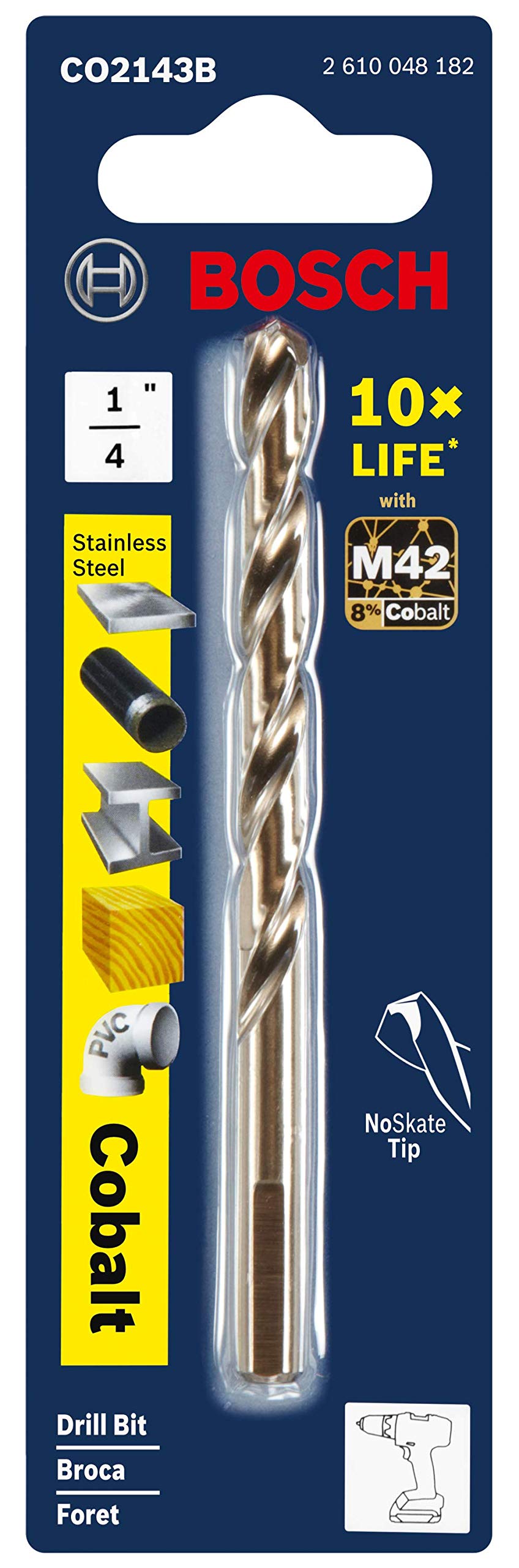 BOSCH CO14B 14-Piece Assorted Set with Included Case - Cobalt M42 Metal Drill Bits with Three-Flat Shank for Drilling Applications in Stainless Steel, Cast Iron, Titanium, and Light-Gauge Metal