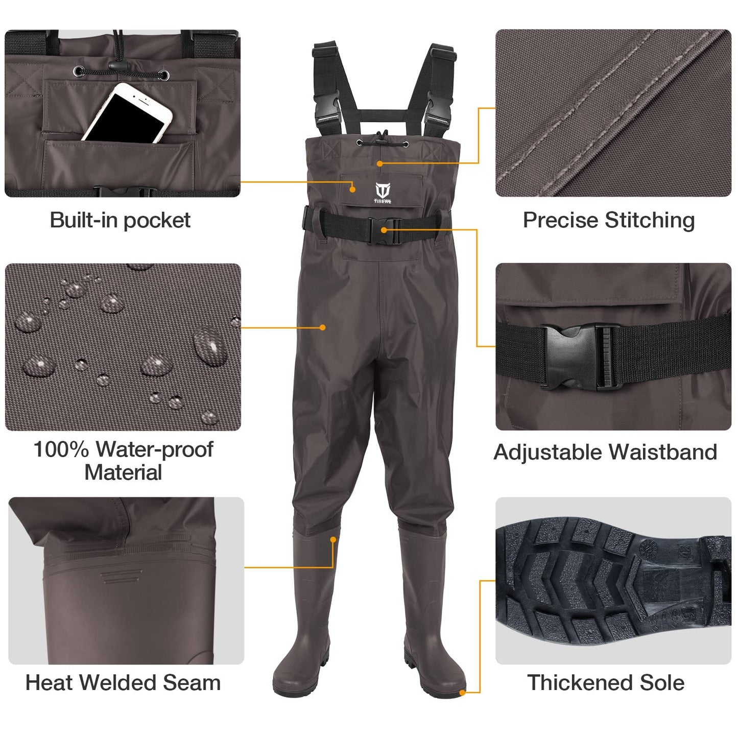 TIDEWE Bootfoot Chest Wader, 2-Ply Nylon/PVC Waterproof Fishing & Hunting Waders with Boot Hanger for Men and Women Brown Size 12