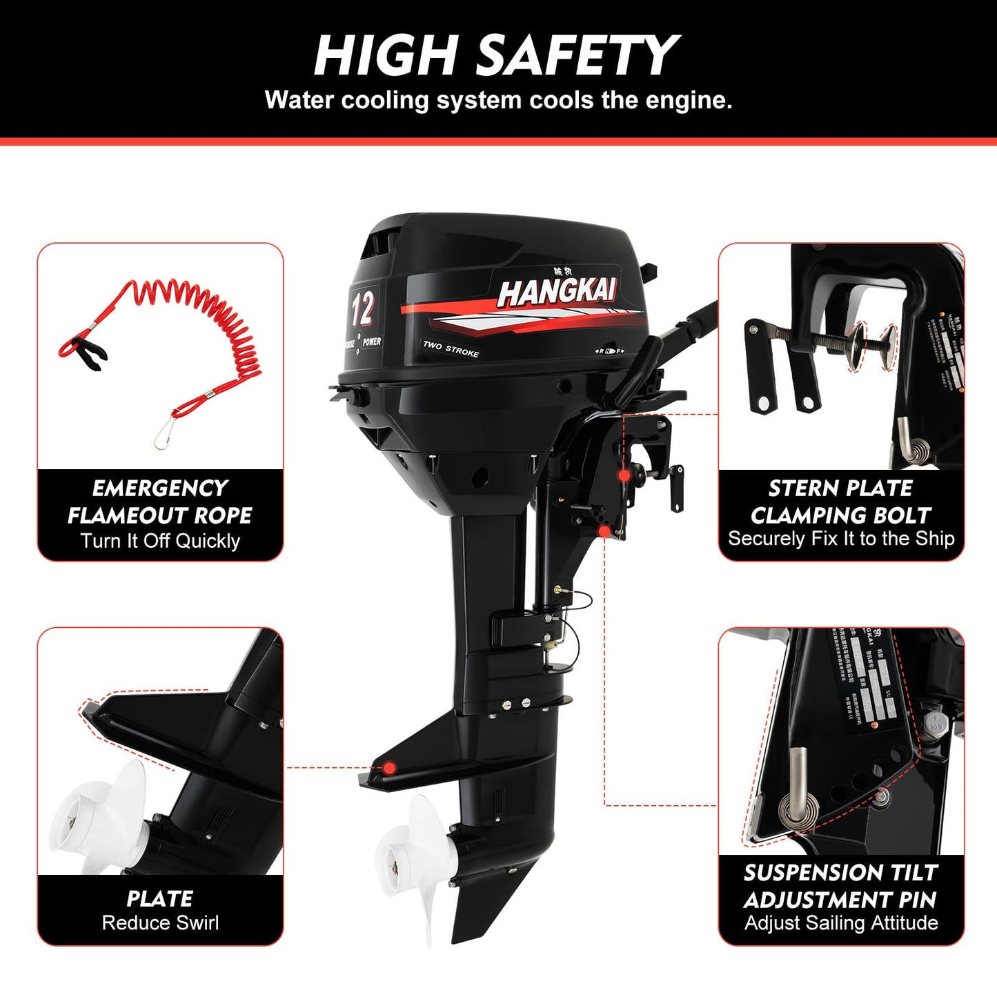 JAYGOVAN HANGKAI 12HP 2 Stroke Outboard Motor, 169CC Heavy Duty Short Shaft Fishing Boat Engine w/Water Cooling System & CDI Ignition System Gas Powered Fishing Boat Motor for Aquaculture Outdoor