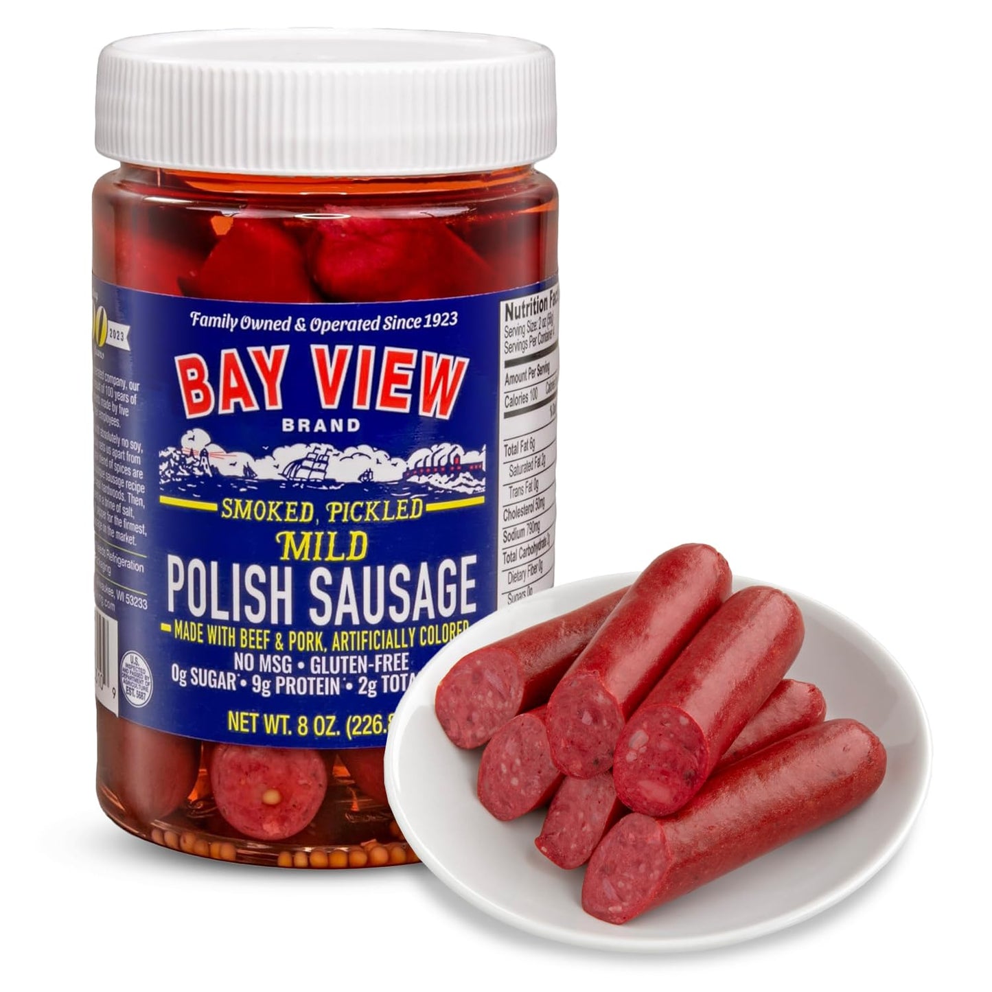 Bay View Smoked Pickled Polish Sausage, No MSG, Gluten Free, No Soy, 0g Sugar, 7g Protein, Hardwood Smoked, Mouthwatering Pickled Snack (Mild Bologna, 8oz)