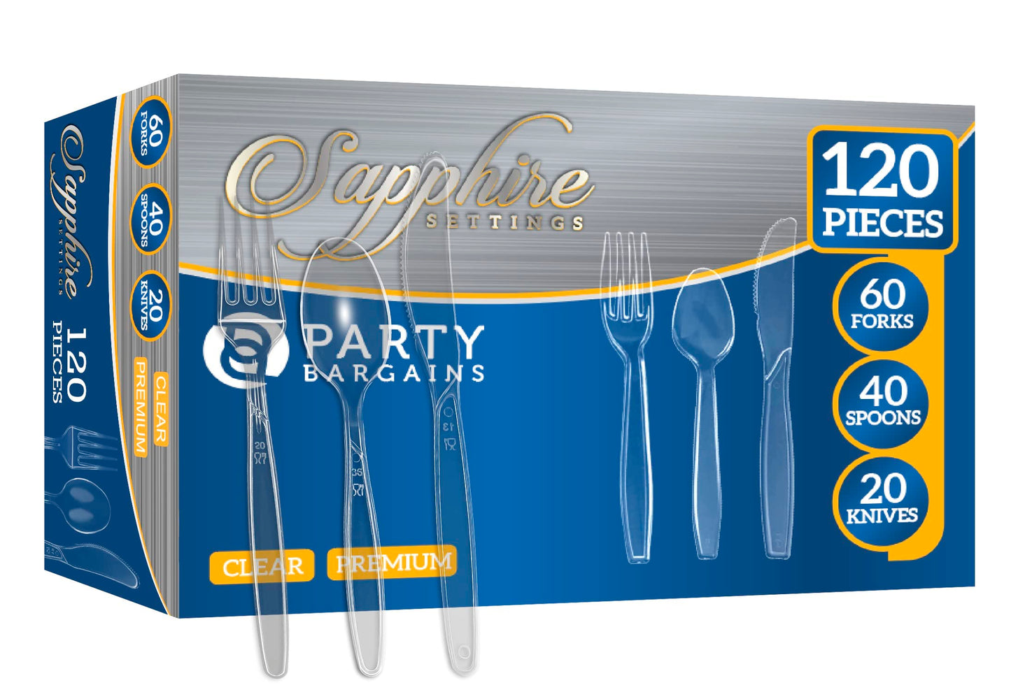 Party Bargains Disposable Cutlery set, SAPPHIRE Design, Clear Color, 360 Pieces: 180 Forks, 120 Spoons, 60 Knives