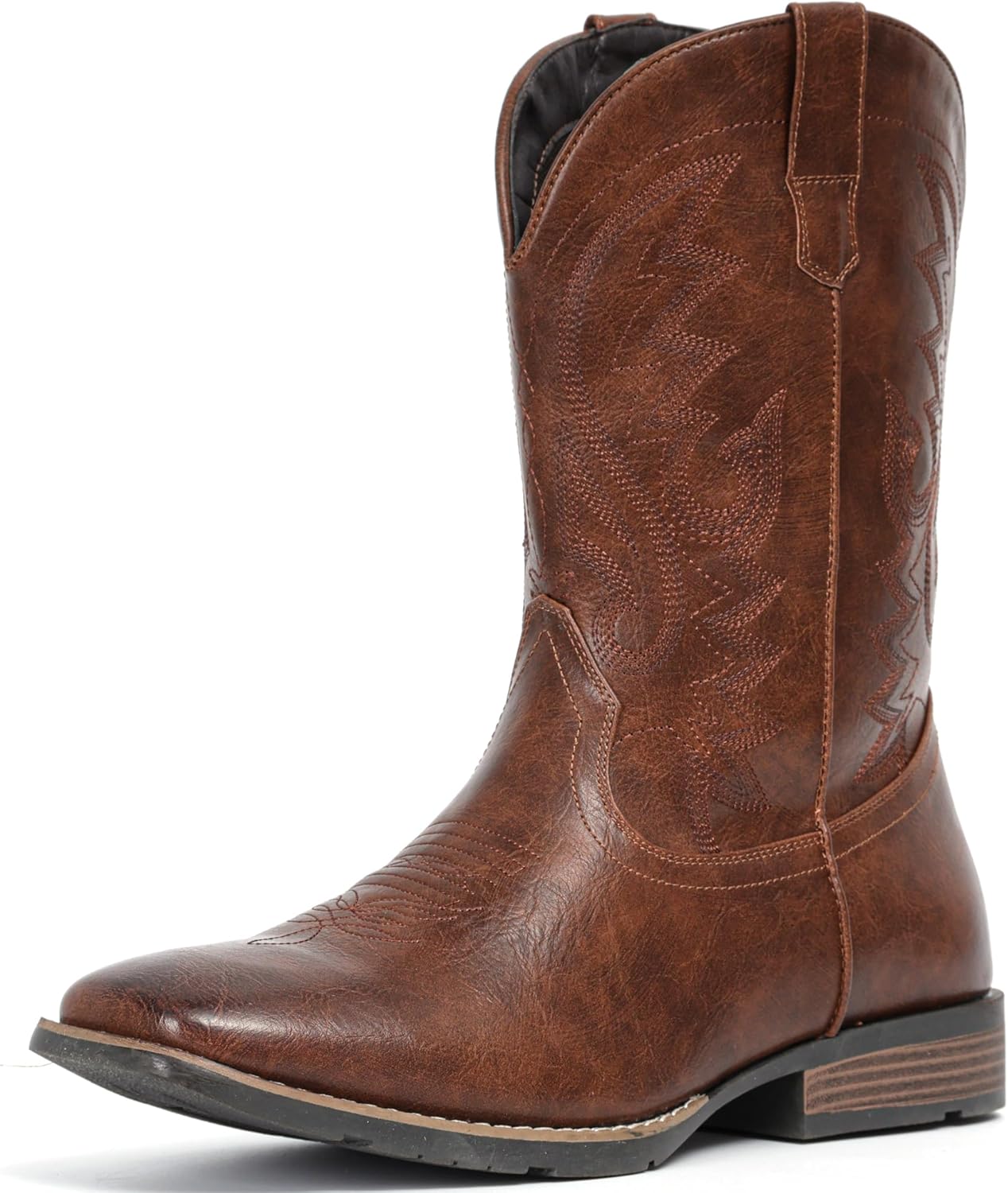 IUV Cowboy Boots For Men with Wide Square Toe Western Retro Boot Durable Classic Fashionable Embroidered Pull On Slip Resistant Boots