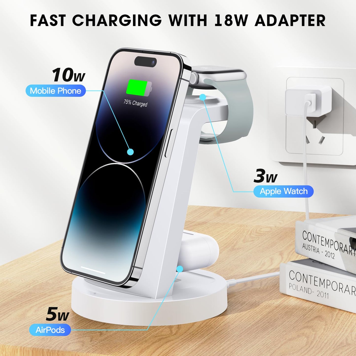 3 in 1 Charging Station for iPhone, Wireless Charger for iPhone 16e 16 15 14 13 12 11 X Pro Max & Apple Watch - Wireless Charging Station for AirPods 4 3 Pro