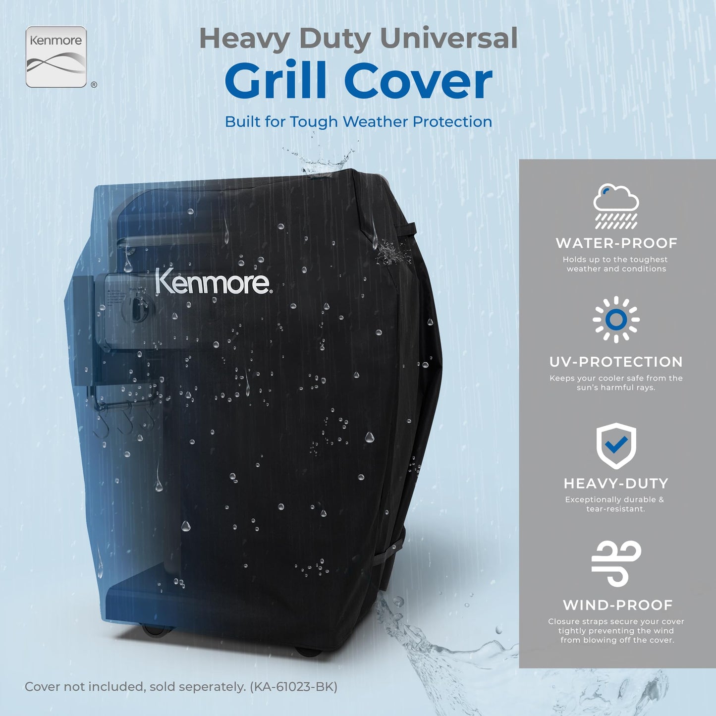 Kenmore 3-Burner Propane BBQ Grill, 30,000 BTUs Gas Grill with Cast Iron Cooking Grates, Folding Side Tables & Wheels, Outdoor Grill with Tool Hooks, Azure Blue