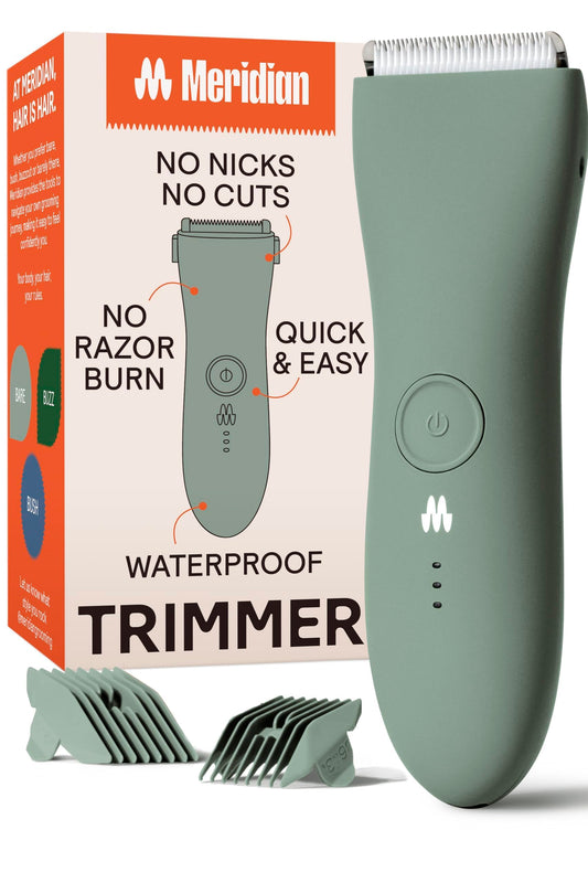 MERIDIAN The Trimmer Original - Body Hair Trimmer for Men, Electric Shaver for Pubic Hair, Chest, Legs & Bikini, Waterproof & Rechargeable, Sage