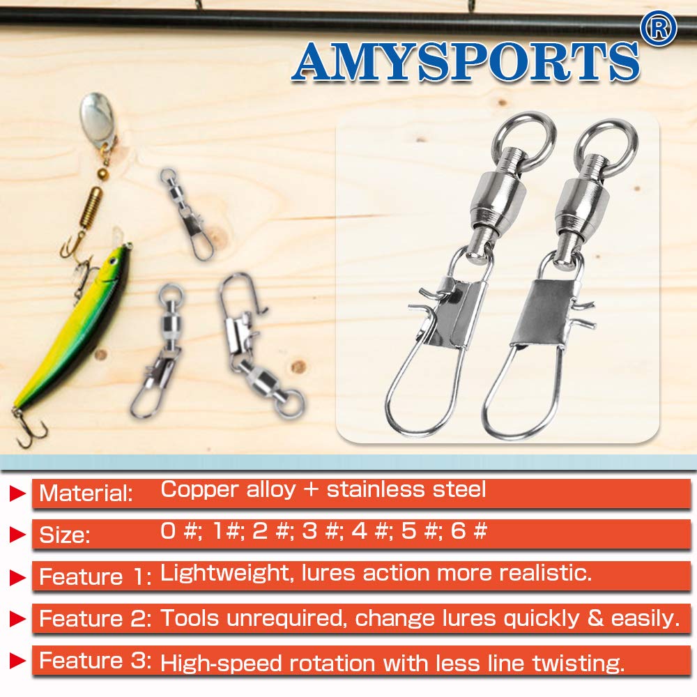 AMYSPORTS Fishing Swivels with Interlock Snap Ball Bearing Swivels Fishing Snap Swivels Saltwater Freshwater Fishing Tackle Leader Lure Jigs Line Fishing Connector