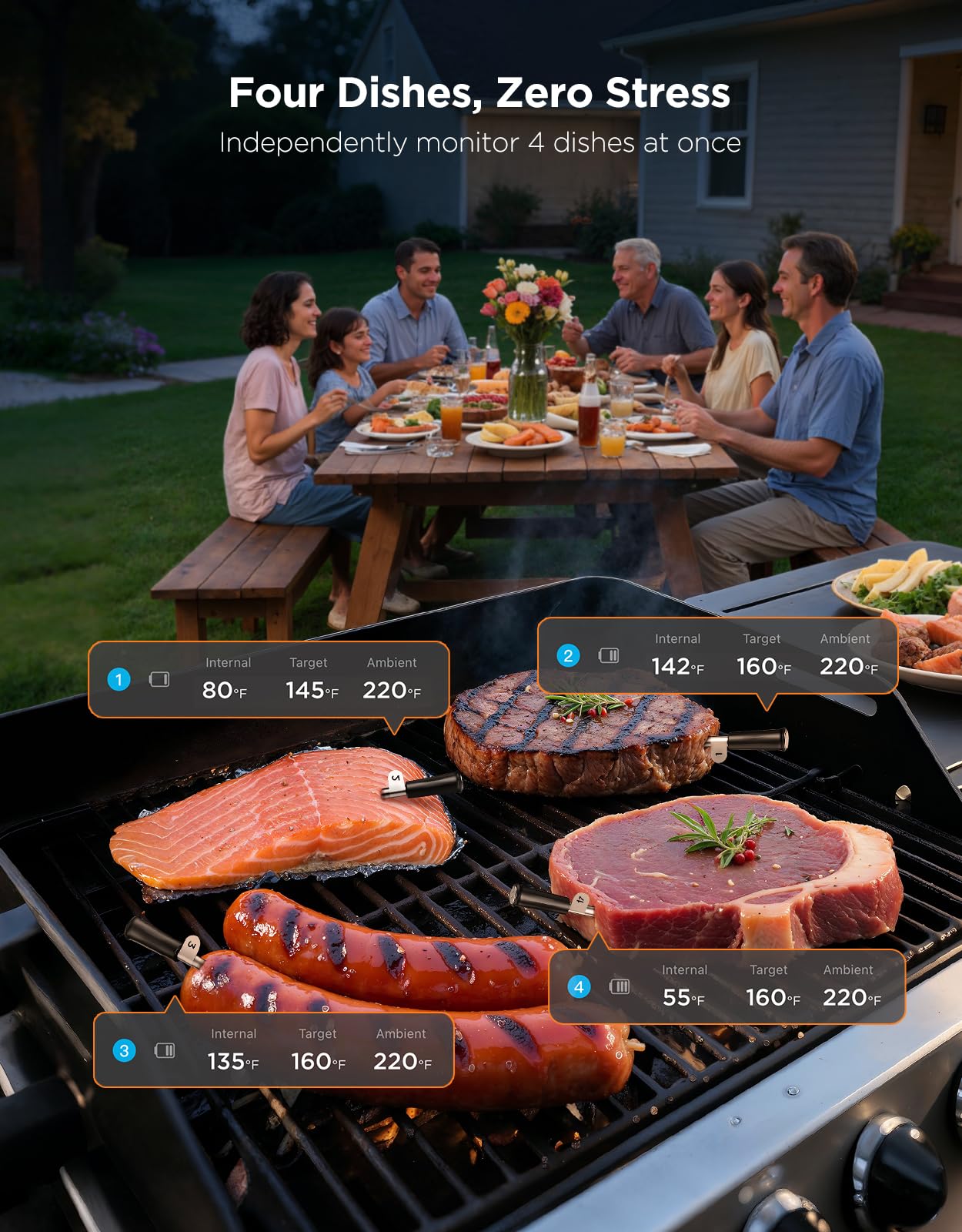 GoveeLife Bluetooth Wireless Meat Thermometer with 4 Probes, WiFi Unlimited Range, ±1.8℉ Accuracy, IP68 Waterproof Real Time Monitoring Digital Food Thermometer for Kitchen, BBQ, Grill, Oven, Smoker
