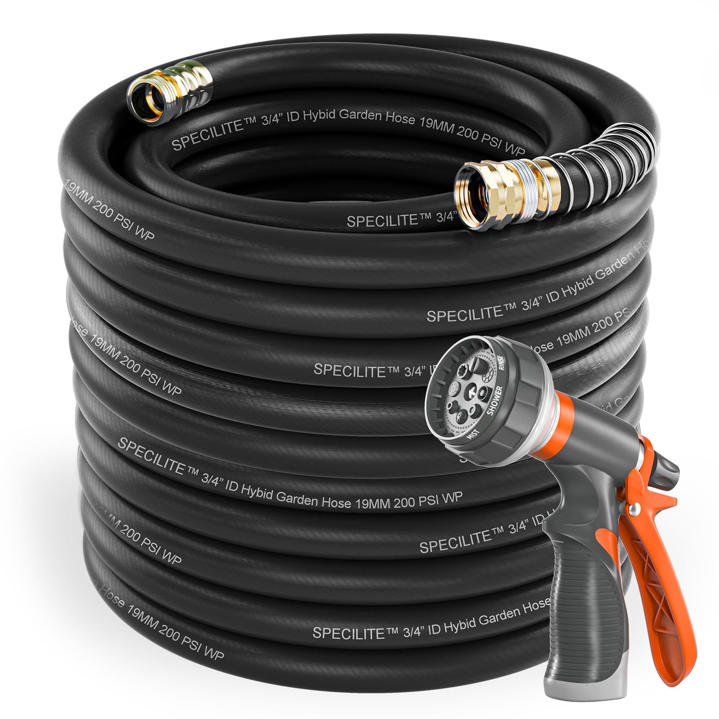 Garden Hose 50 ft x 5/8 in Heavy Duty, Flexible and Lightweight Water Hose, Burst 600 psi, Kink-less Hybrid Rubber Hose for Backyard, 3/4'' Brass Fittings