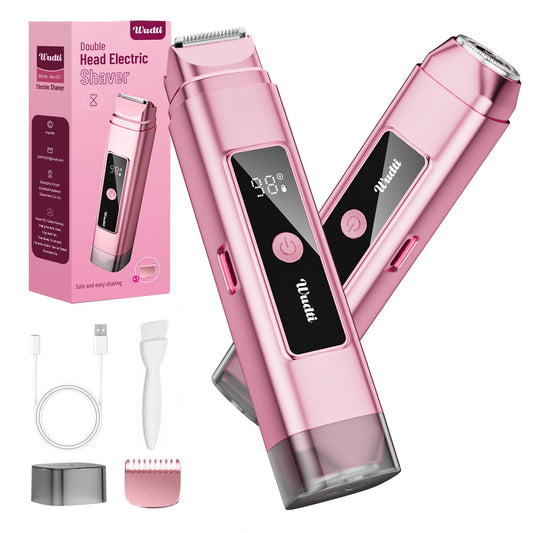 WUDTI Electric Bikini Trimmer for Women: Razor & Shaver with Dual Heads for Body Pubic Hair, IPX7 Waterproof with LED Display - Rechargeable Lady Trimmer for Underarm Body Leg Face