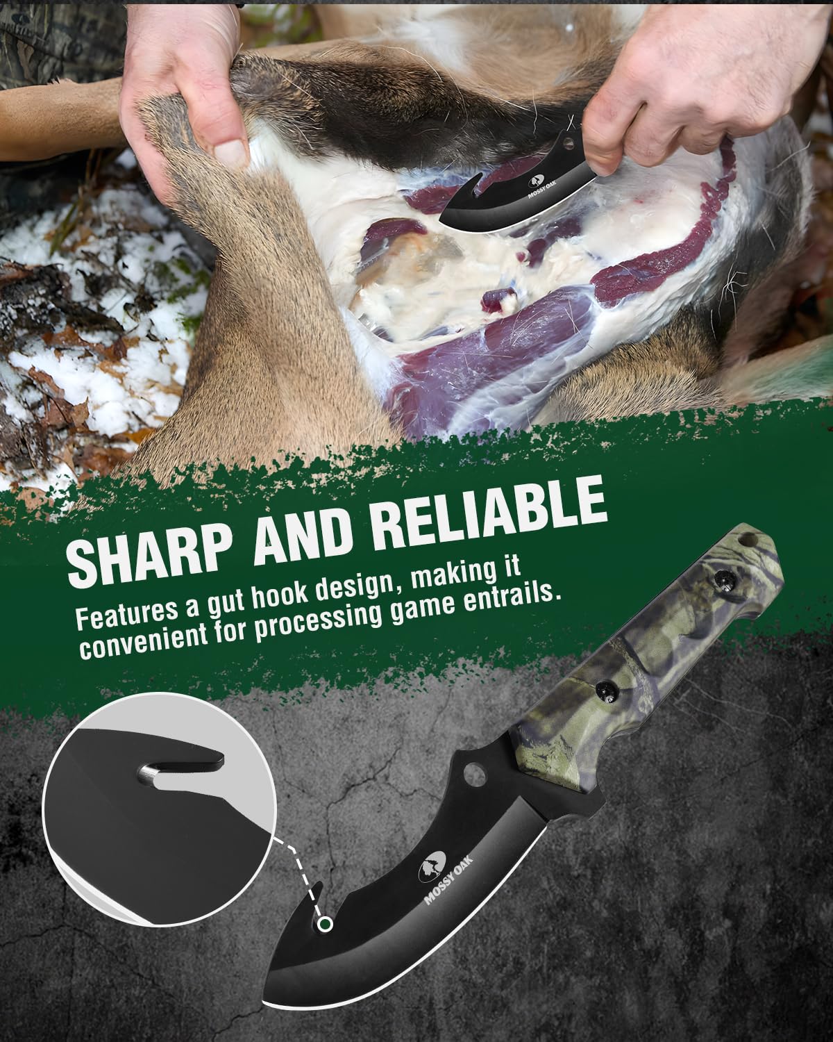 Mossy Oak Fixed Blade Hunting Knife Set - 2 Piece, Full Tang Handle Straight Edge and Gut Hook Blades Game Processing Knife, Sheath Included - Yellow Camo