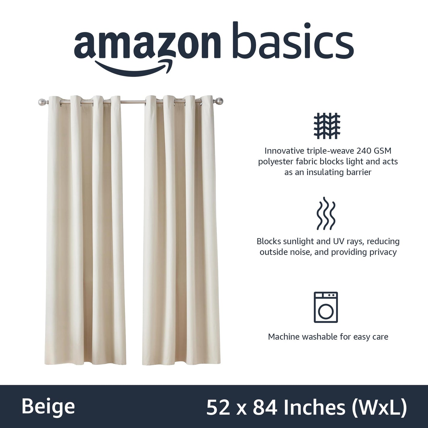 Amazon Basics Room Darkening Blackout Window Curtain with Grommets, Energy Saving, Noise Reducing, 100% Blackout, for Living Room and Bedroom, 52 x 84 inches, Beige, 2 Panels