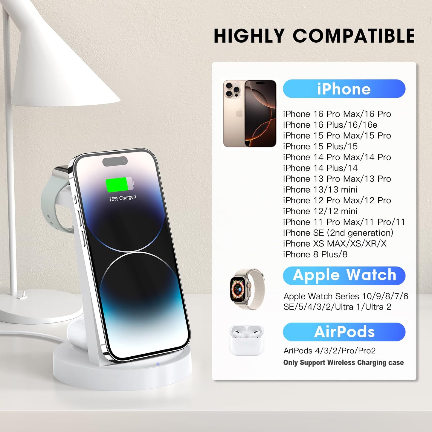 3 in 1 Charging Station for iPhone, Wireless Charger for iPhone 16e 16 15 14 13 12 11 X Pro Max & Apple Watch - Wireless Charging Station for AirPods 4 3 Pro
