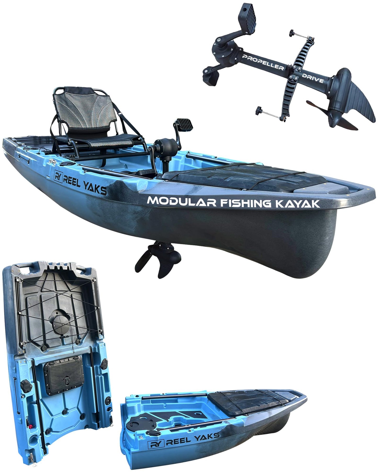 Reel Yaks Recon Modular Fishing Kayak - Propeller Drive, 10.5ft, 400 lbs Capacity, Blue Gray - Pedal Fishing Kayaks for Adults & Youth, Sit on Top, Compact Storage, Lightweight, Easy Transport