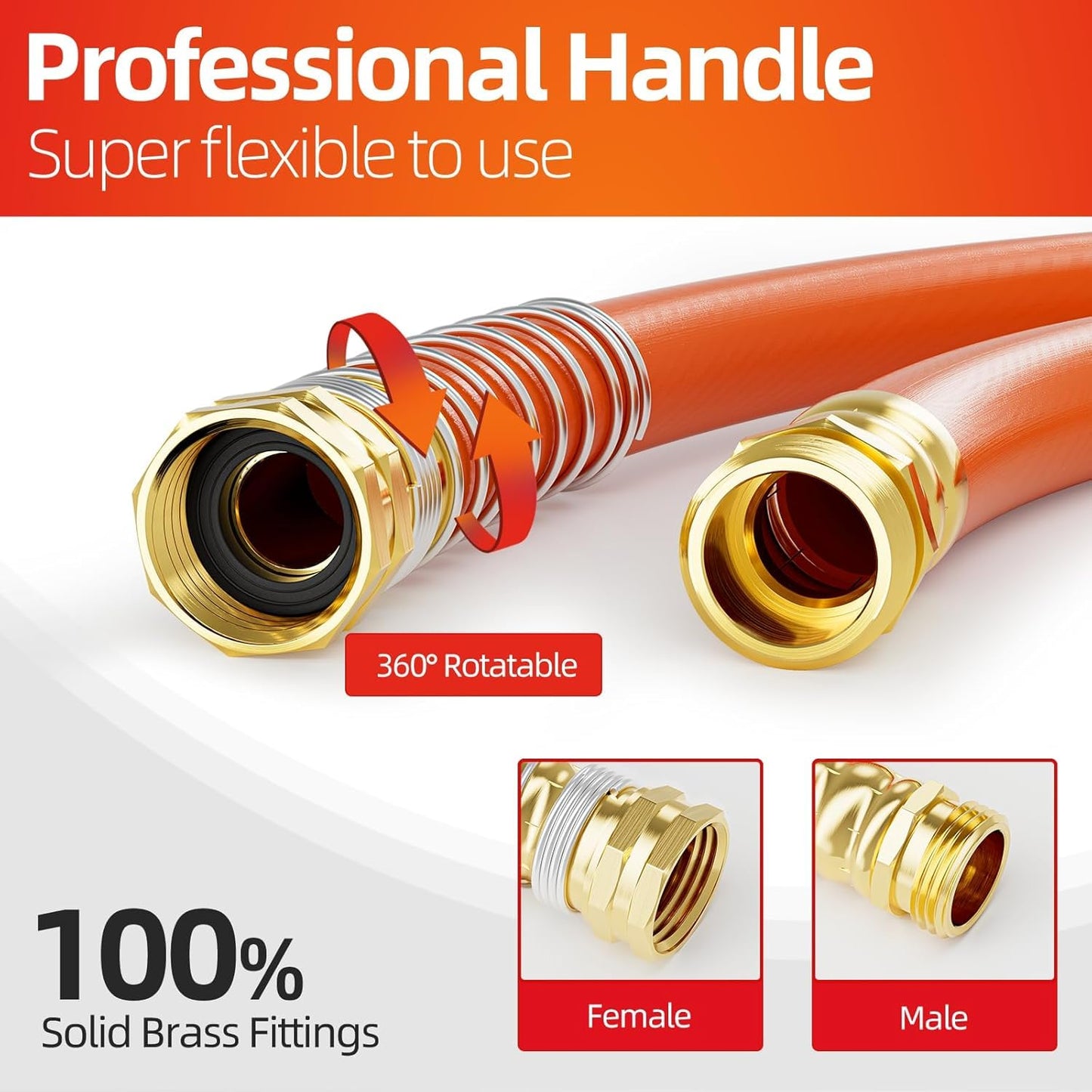 Garden Hose 50 ft x 5/8 in Heavy Duty, Flexible and Lightweight Water Hose, Burst 600 psi, Kink-less Hybrid Rubber Hose for Backyard, 3/4'' Brass Fittings