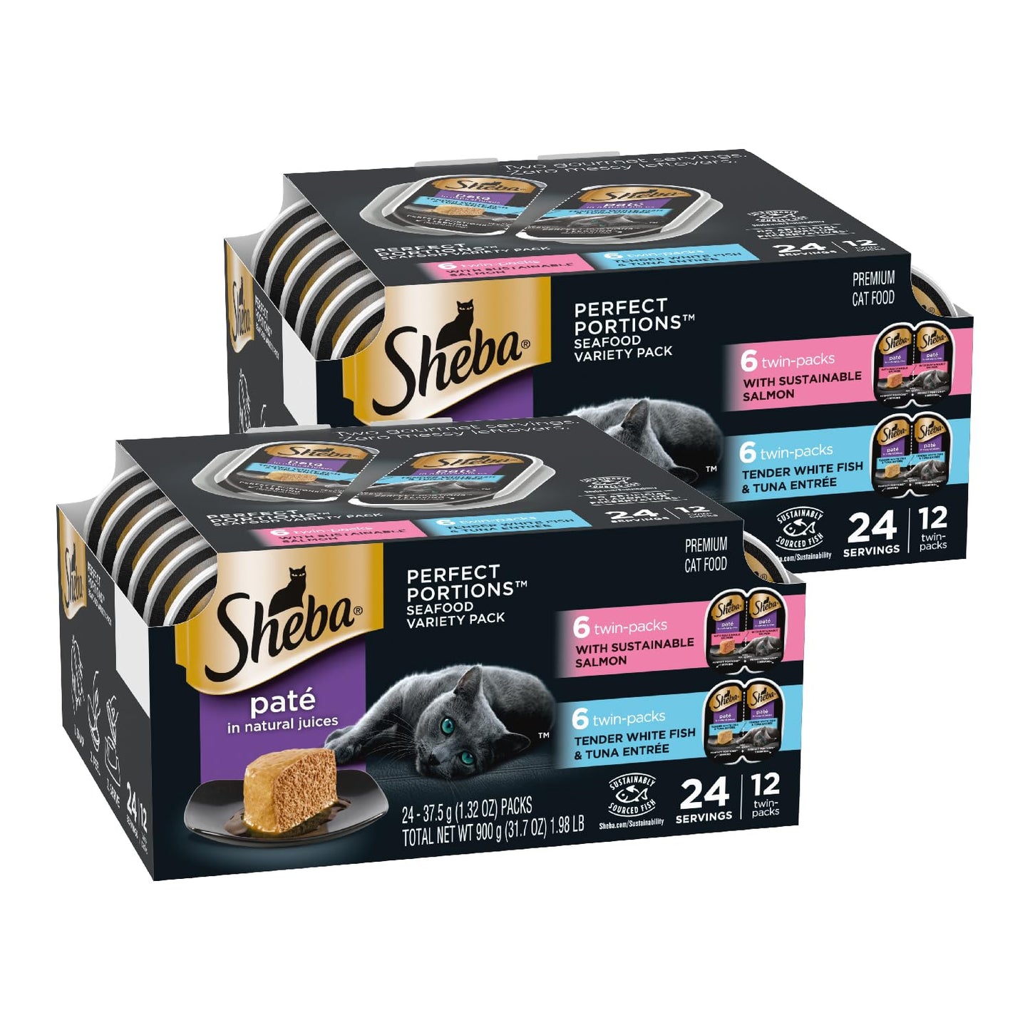 Sheba Perfect Portions Wet Cat Food Pate with Sustainable Salmon, Signature Seafood Entree, and Tender Whitefish and Tuna Entree Variety Pack, 2.6 oz. Twin Pack Trays (24 Count, 48 Servings)