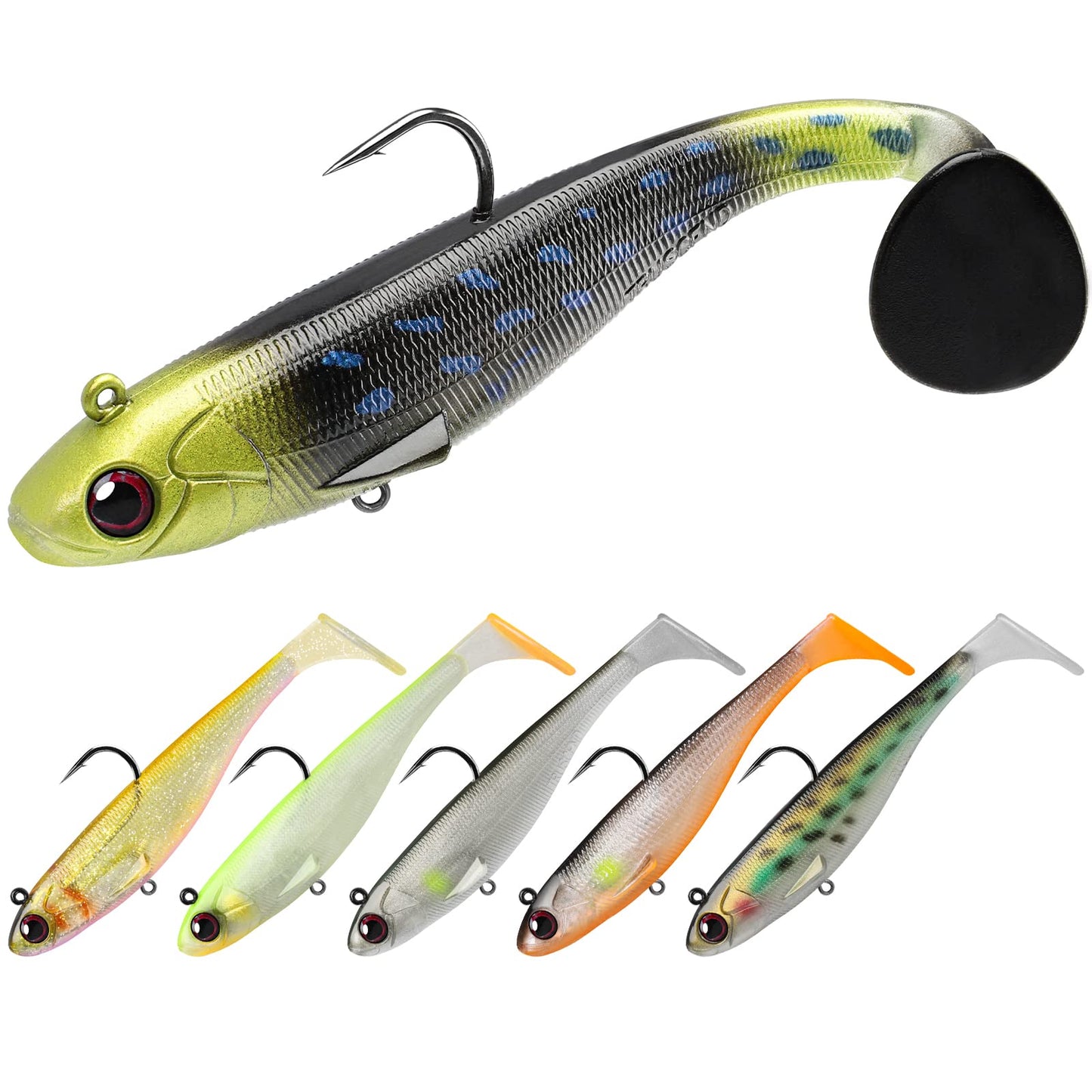TRUSCEND Easy Catch Pre-Rigged Soft Lures, Vibrating Swim Action, Trembly Sinking Move, Amazing Soft Swimbait for Family Fishing, Well-Made Fishing Lures for Bass Trout Crappie Walleye Pike Redfish