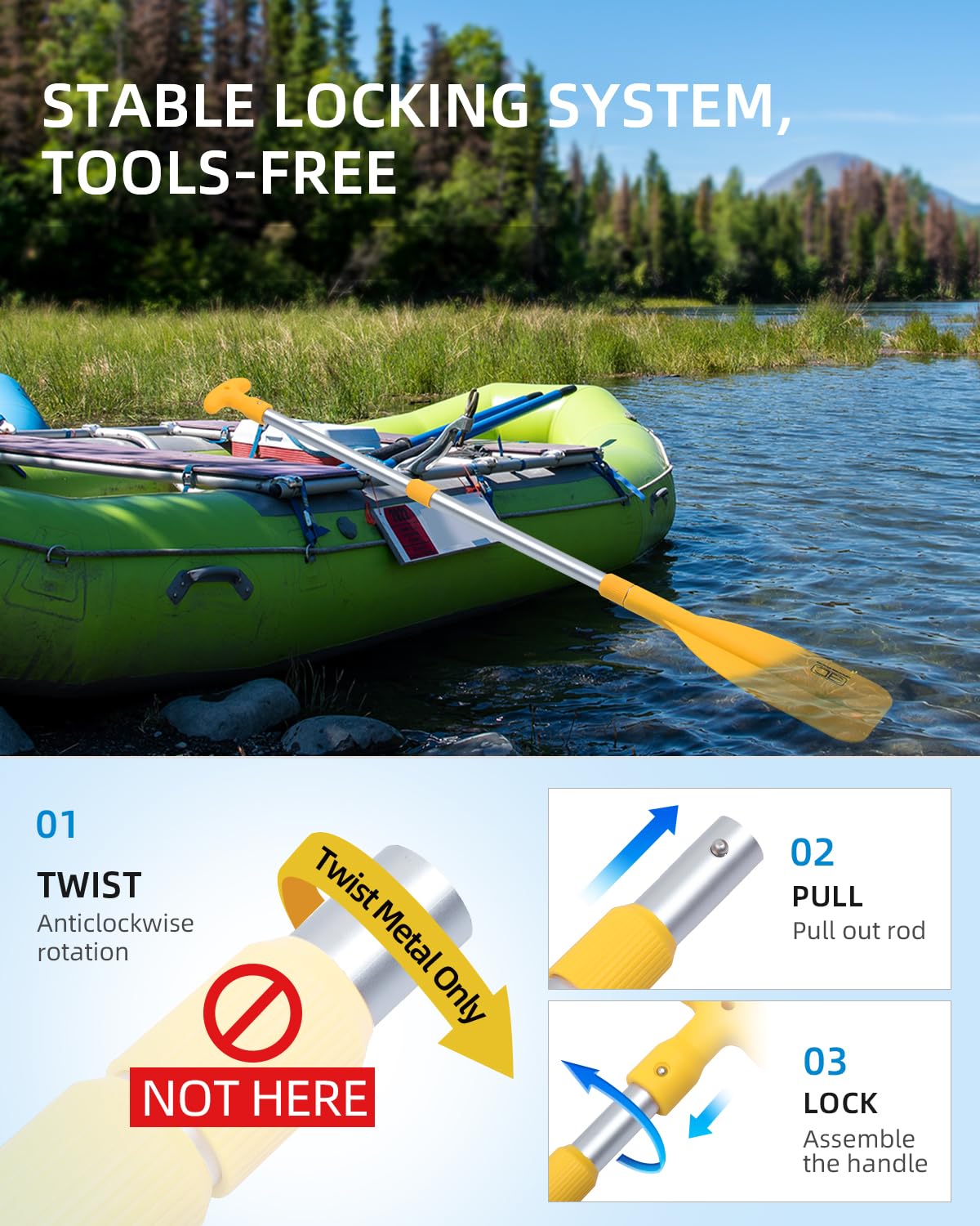 OCEANBROAD Telescoping Emergency Paddle 21''-42''（Assembling Required） Collapsible Paddles Aluminium Shaft for Kayaking Boating Canoeing River Tubing, Yellow, 1 Paddle