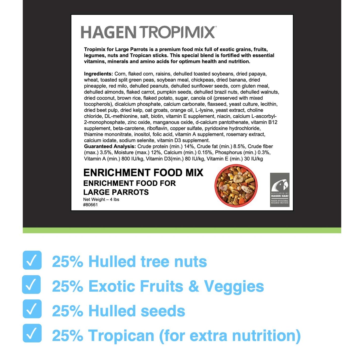 Tropimix Bird Food, Large Parrot Food with Seeds, Fruit, Nuts, Vegetables, Grains, and Legumes, Enrichment Food, 20 lb Bag