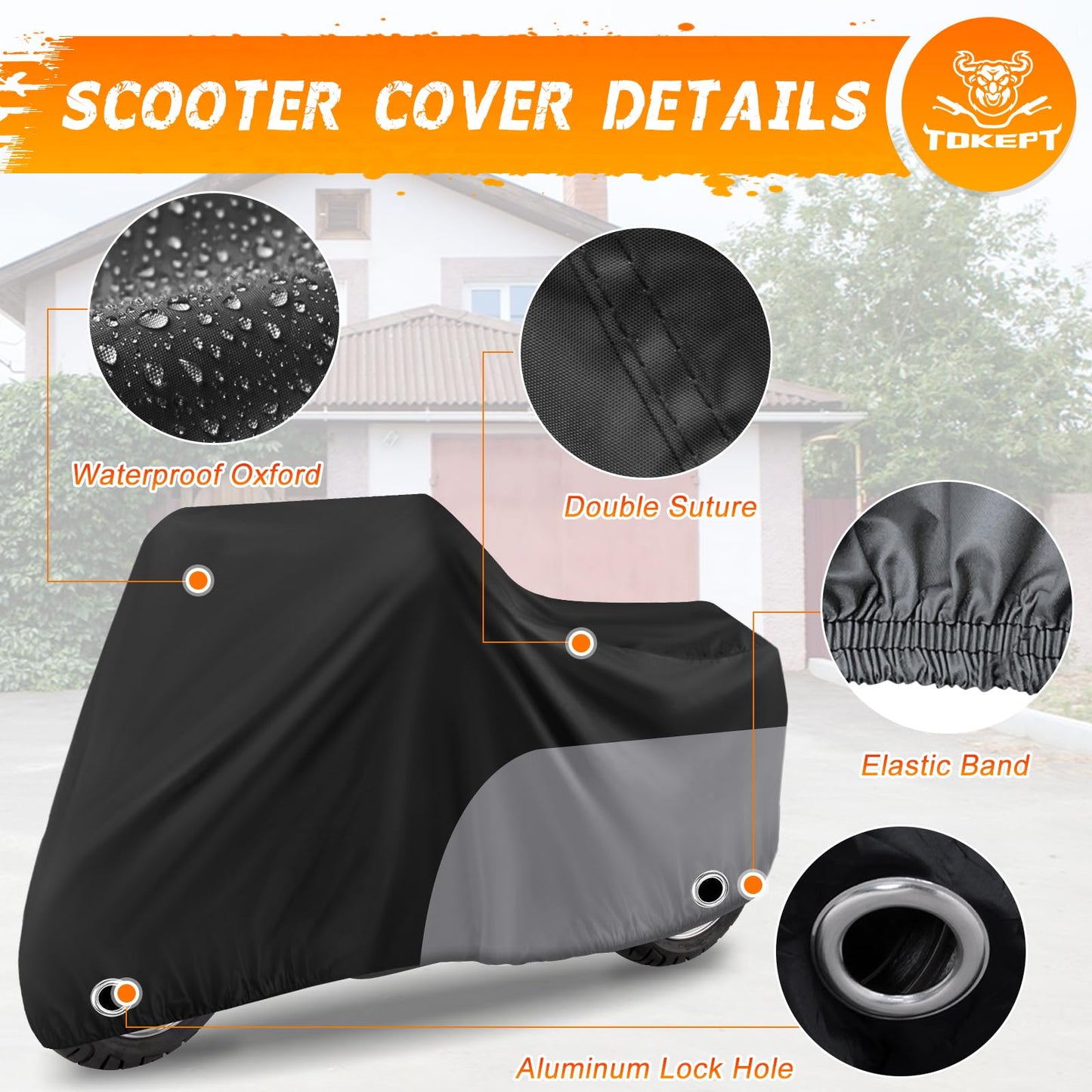 Scooter Cover, Waterproof Moped Cover, Vespa Cover, Outdoor Windproof and UV, for 72" Long Yamaha Honda Ruckus Motorbike Cover (Black)