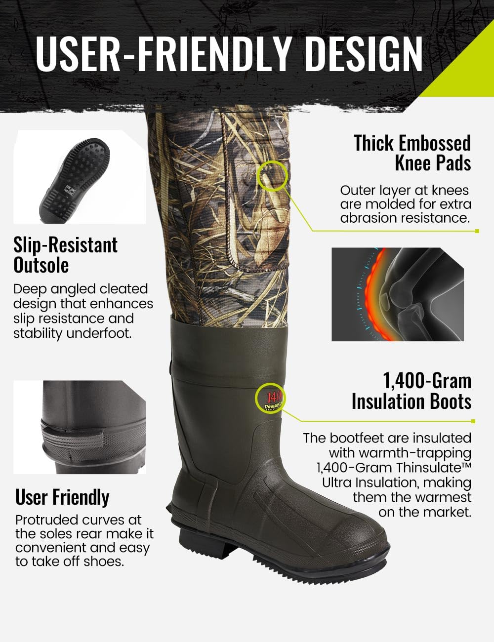 TIDEWE Hunting Wader, 5mm Neoprene Chest Waders with 1400 Gram Insulation Rubber Boots, Waterproof and Seam Sealed Bootfoot Chest Wader for Fishing, Hunting (Next Camo Evos Size 10)