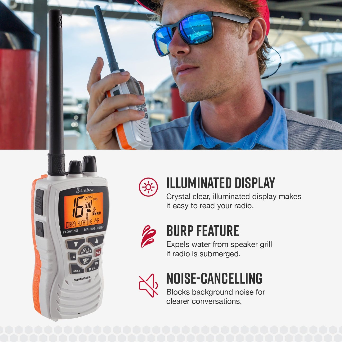 Cobra MR HH350 FLT Handheld Floating VHF Radio - 6 Watt, Submersible, Noise Cancelling Mic, Backlit LCD Display, NOAA Weather, and Memory Scan, Grey