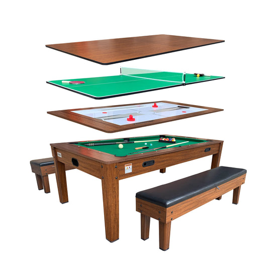 RACK Luxor 7.5-Foot 4-in-1 Multi-Game Swivel Billiard/Pool Table (Green Felt with 2 Bench) – Pool Table, Table Tennis, Air Hockey & Dining Table – Portable Multi Game Table for Adults & Kids
