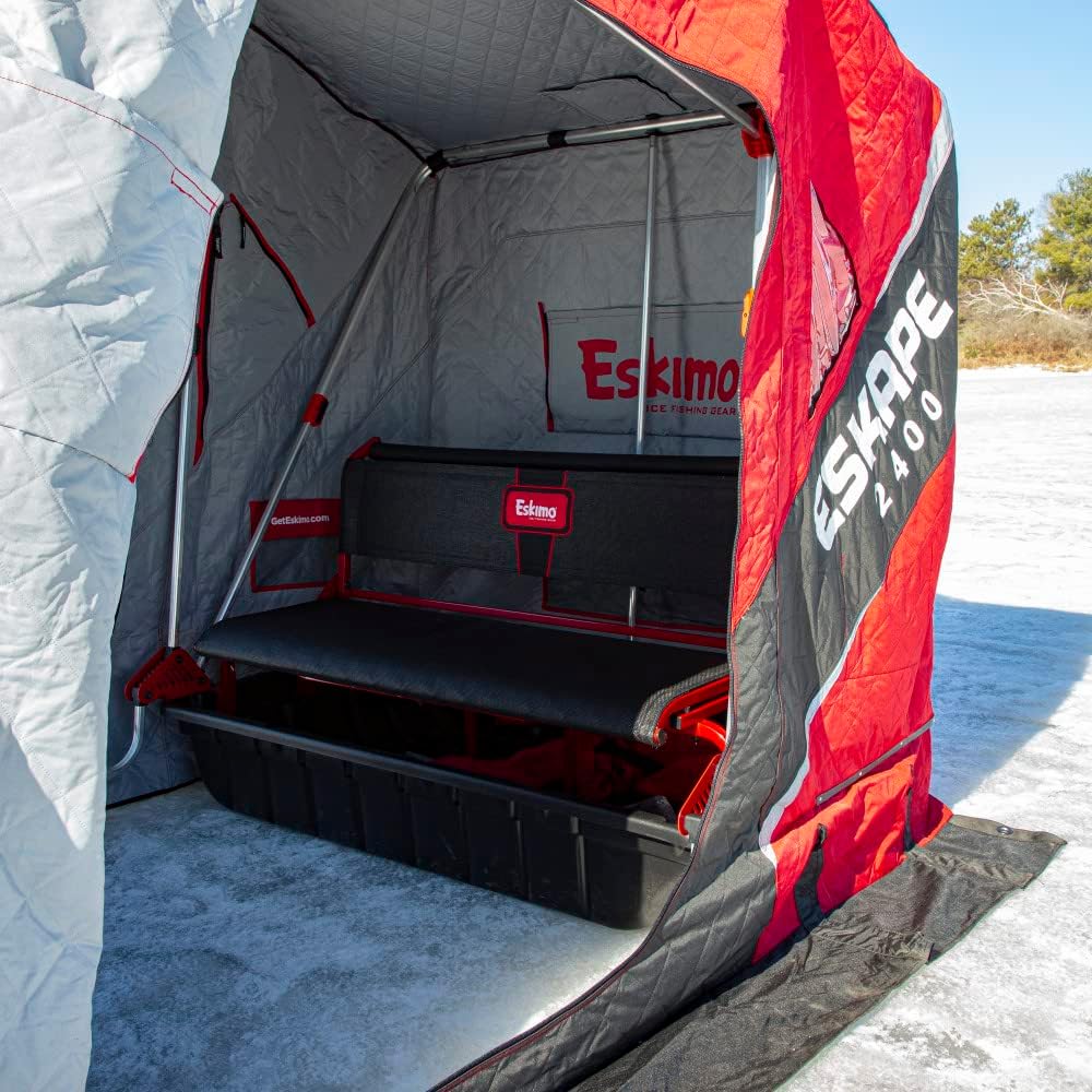Eskimo Eskape 2400 Insulated 2 Person Ice Fishing Side-Door Sled Shelter with 60-Inch Sled and TearTuff Bench Seat Seats, Red/Black