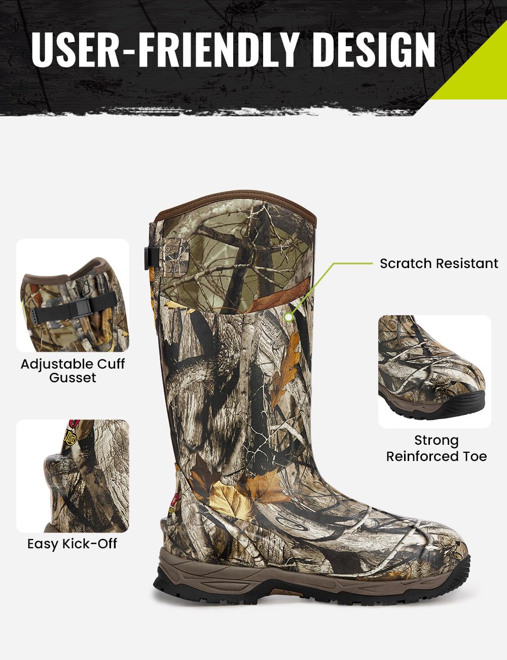 TIDEWE Rubber Hunting Boots with 800g Insulation, Waterproof Insulated Next Camo G2 Warm Rubber Boots with 7mm Neoprene, Sturdy Outdoor Hunting Boots for Men (Size 5-14)