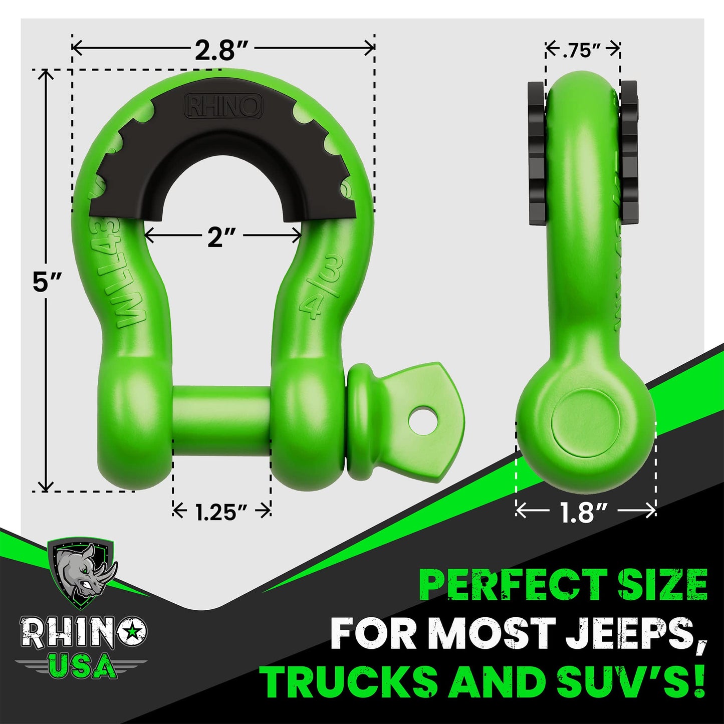 Rhino USA D Ring Shackles (2-Pack) - 41,850lb Break Strength – Heavy Duty 3/4" Clevis Shackle with 7/8 Pin for Towing & Off-Road Use - Pairs with Tow Strap for Vehicle Recovery (Black)